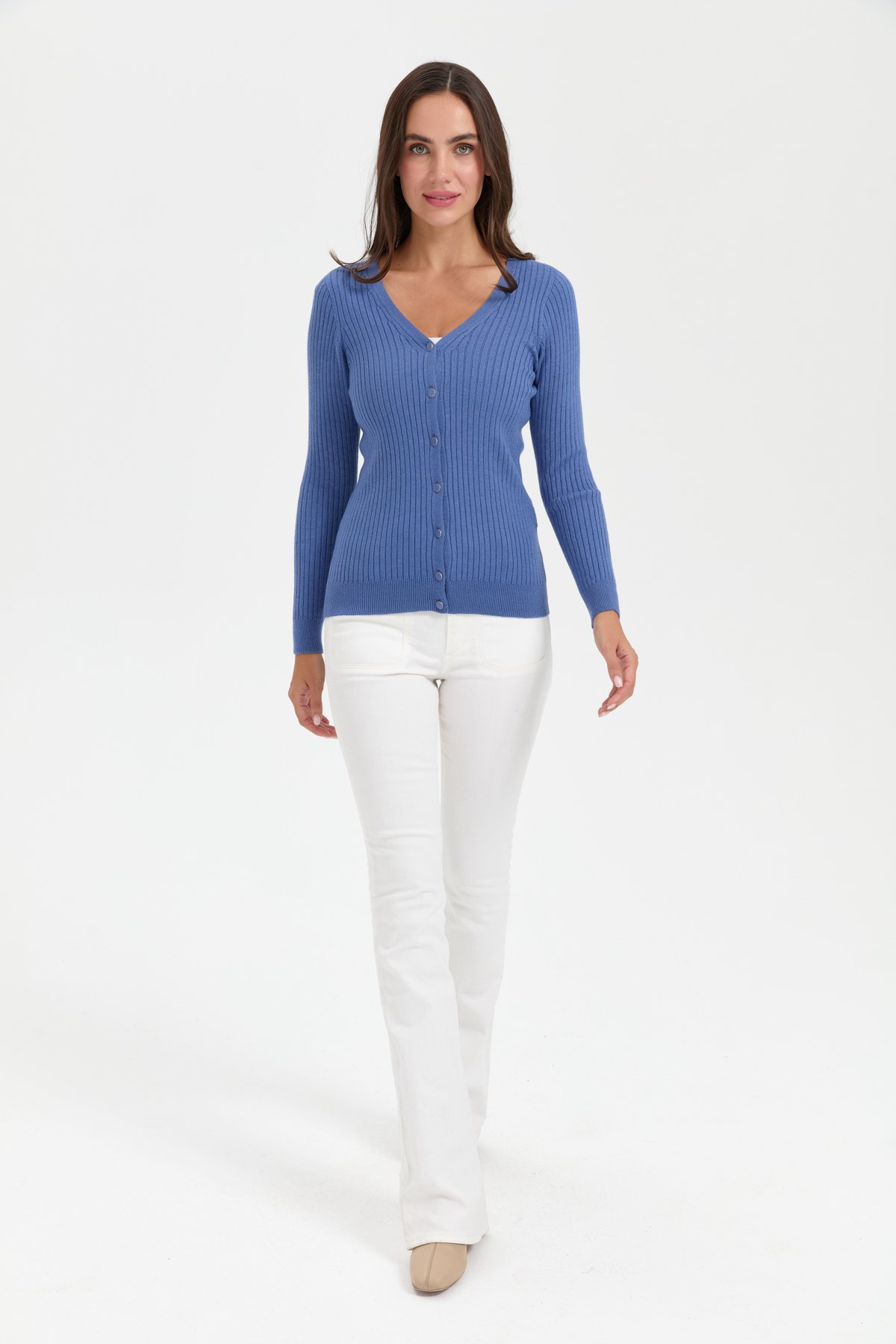 24181Kadın V Yaka Dikişsiz Hırka İndigo