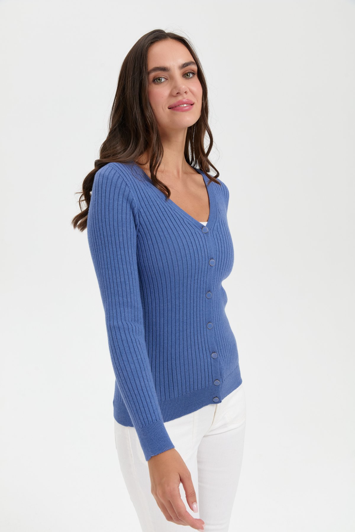 24181Kadın V Yaka Dikişsiz Hırka İndigo