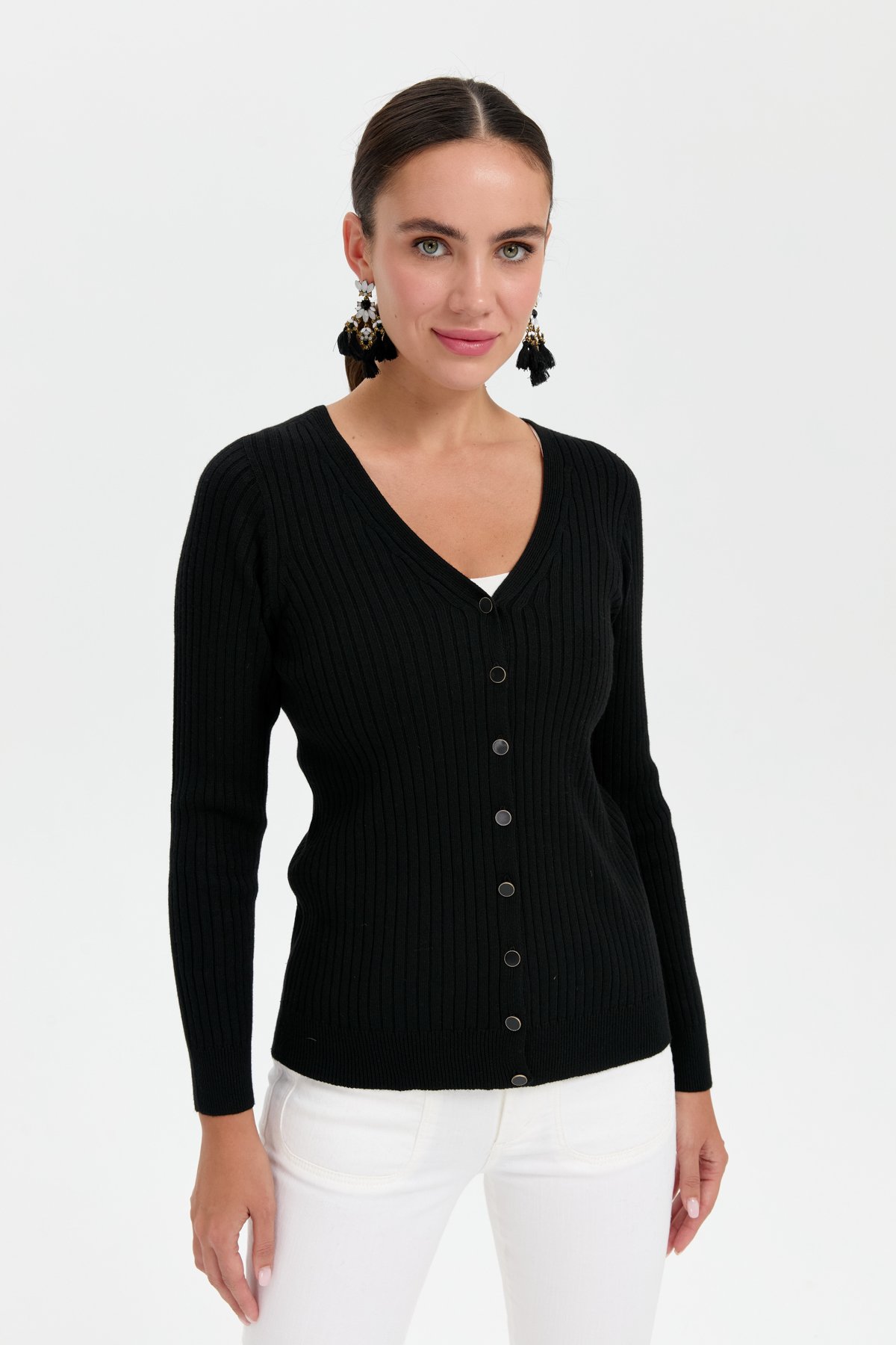 24181Kadın V Yaka Dikişsiz Hırka Siyah