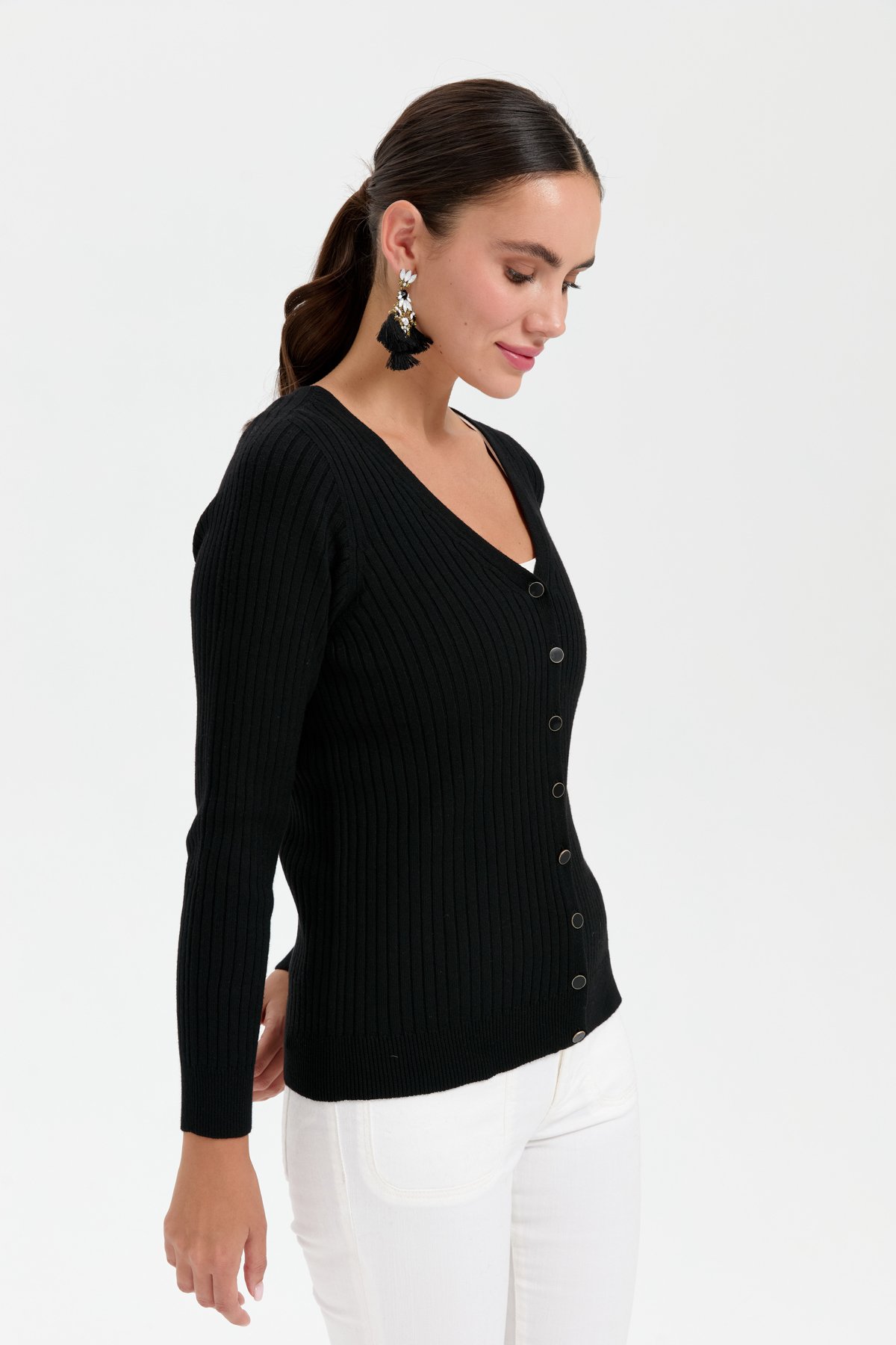 24181Kadın V Yaka Dikişsiz Hırka Siyah