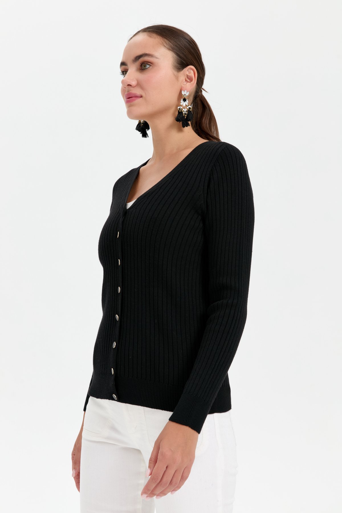 24181Kadın V Yaka Dikişsiz Hırka Siyah