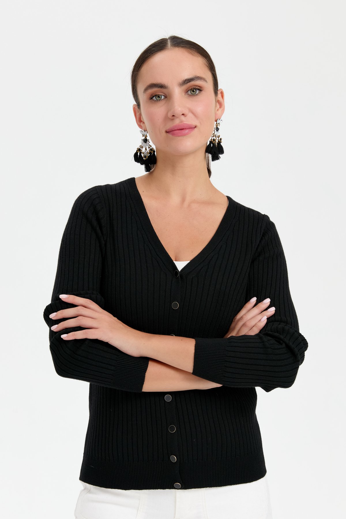 24181Kadın V Yaka Dikişsiz Hırka Siyah