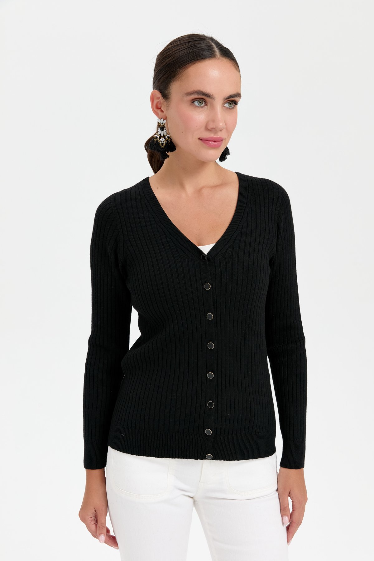 24181Kadın V Yaka Dikişsiz Hırka Siyah