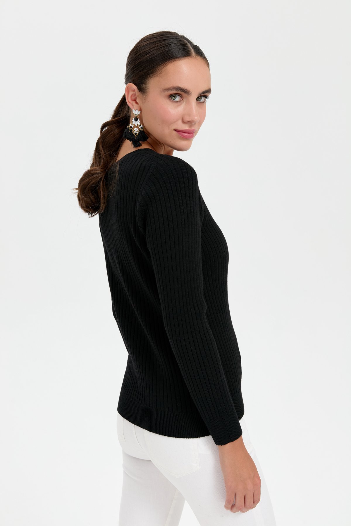 24181Kadın V Yaka Dikişsiz Hırka Siyah