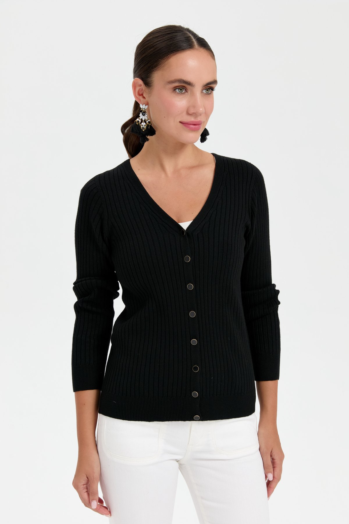 24181Kadın V Yaka Dikişsiz Hırka Siyah