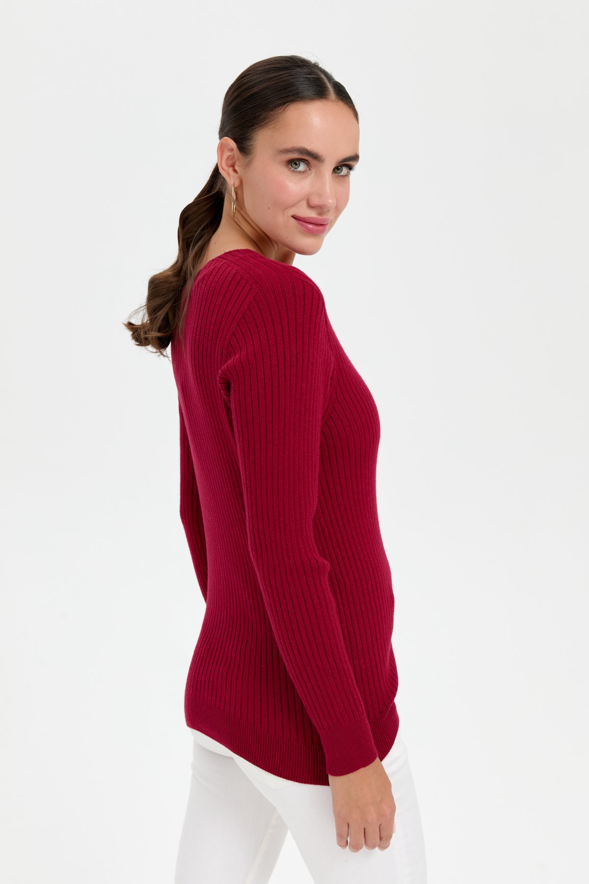 24181Kadın V Yaka Dikişsiz Hırka Vişne