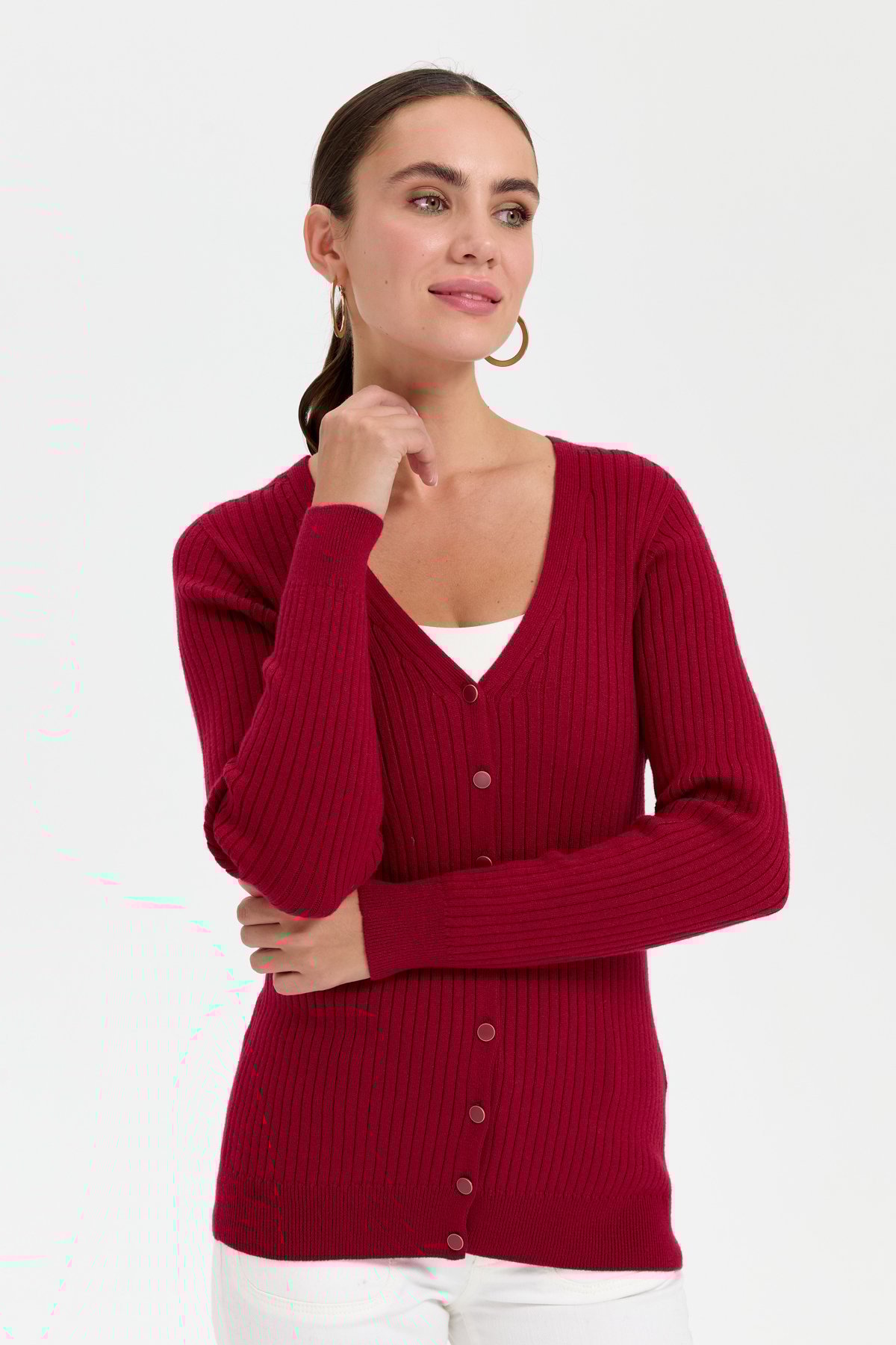 24181Kadın V Yaka Dikişsiz Hırka Vişne