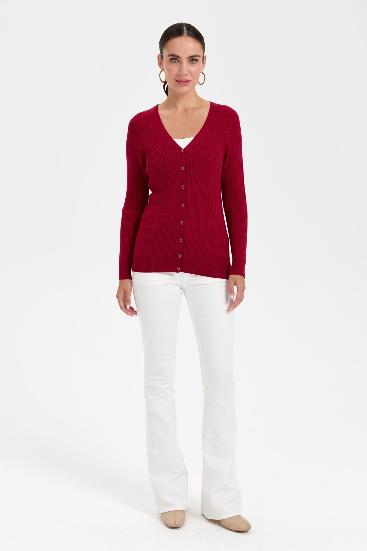 24181Kadın V Yaka Dikişsiz Hırka Vişne