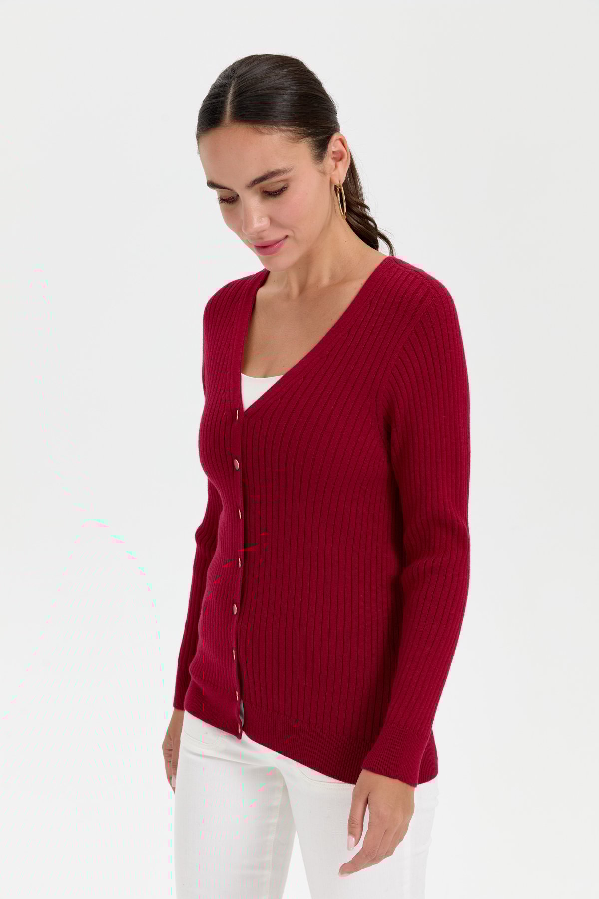 24181Kadın V Yaka Dikişsiz Hırka Vişne