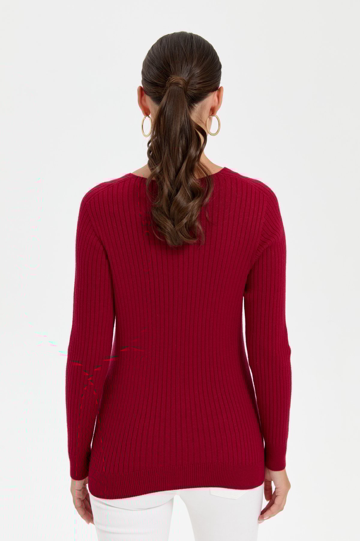 24181Kadın V Yaka Dikişsiz Hırka Vişne