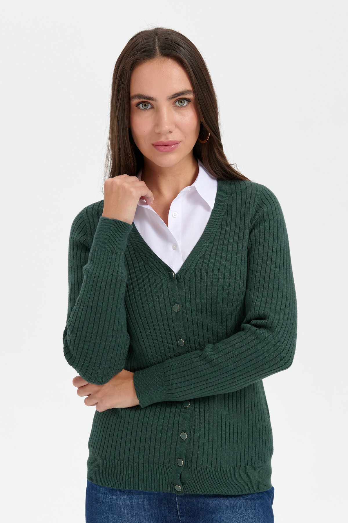 24181Kadın V Yaka Dikişsiz Hırka Yeşil