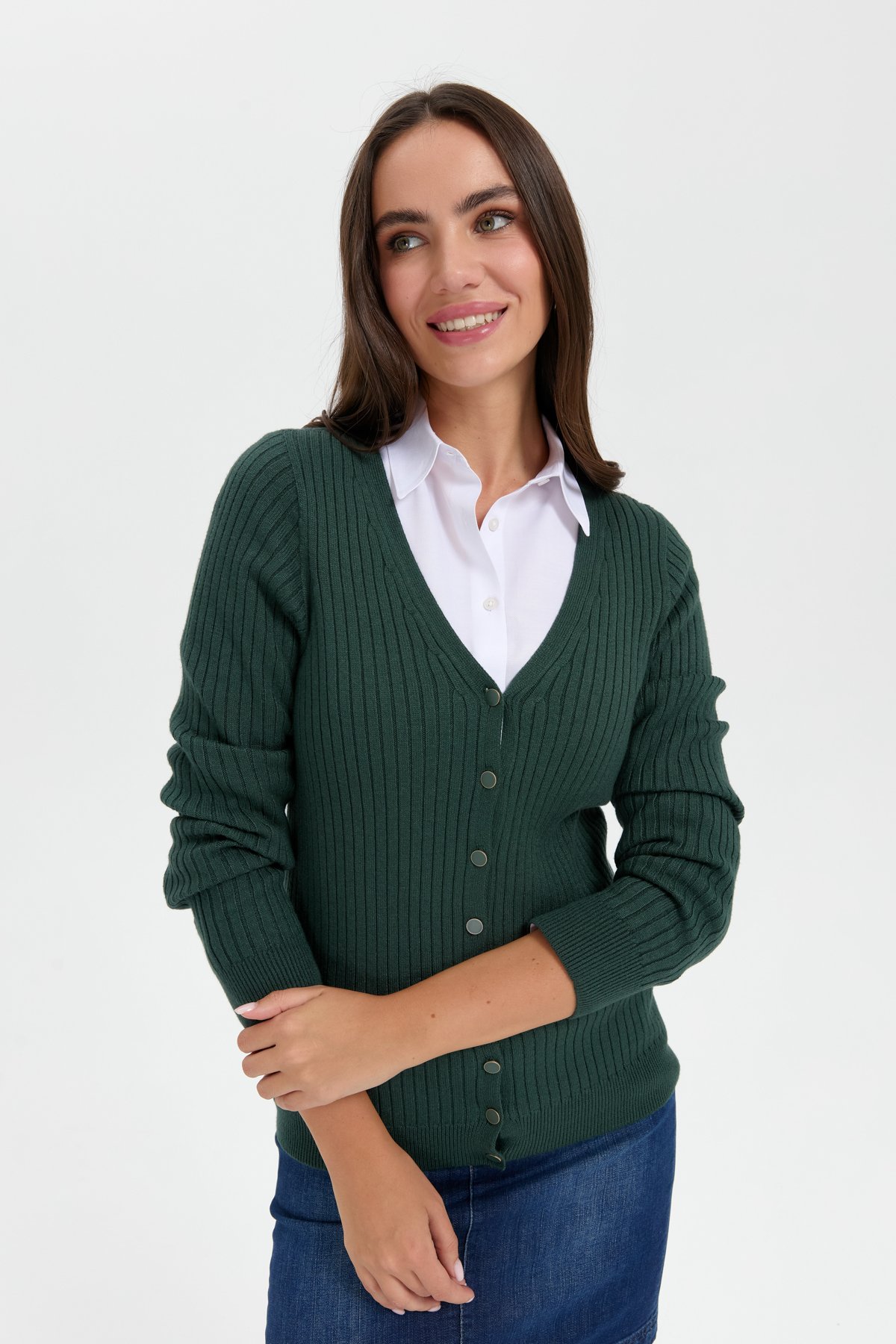 24181Kadın V Yaka Dikişsiz Hırka Yeşil