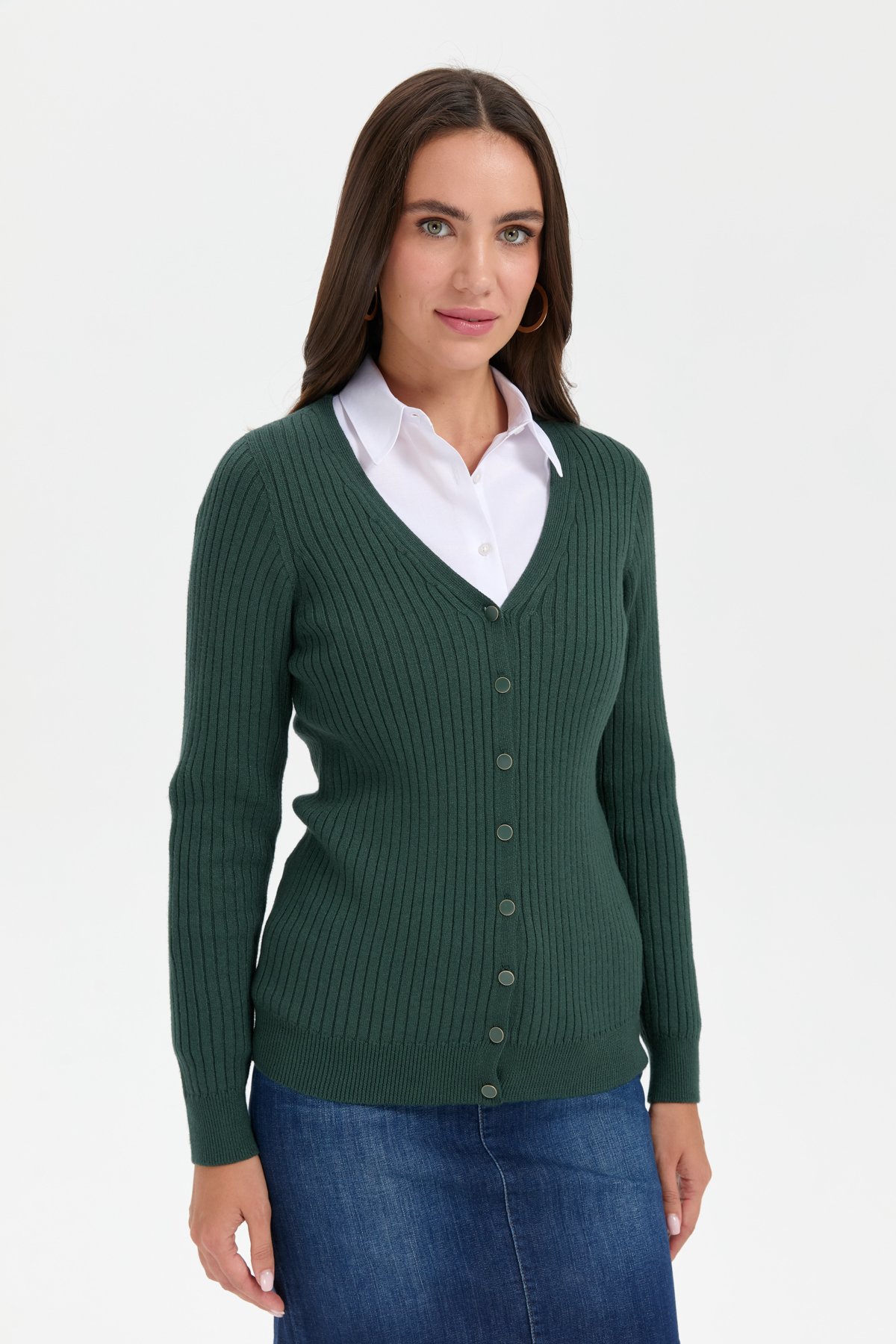 24181Kadın V Yaka Dikişsiz Hırka Yeşil