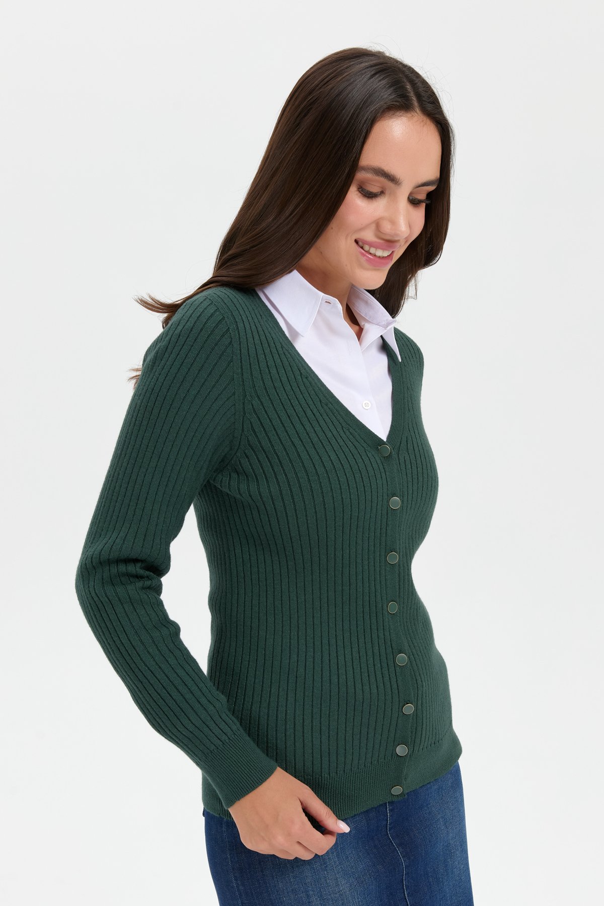 24181Kadın V Yaka Dikişsiz Hırka Yeşil