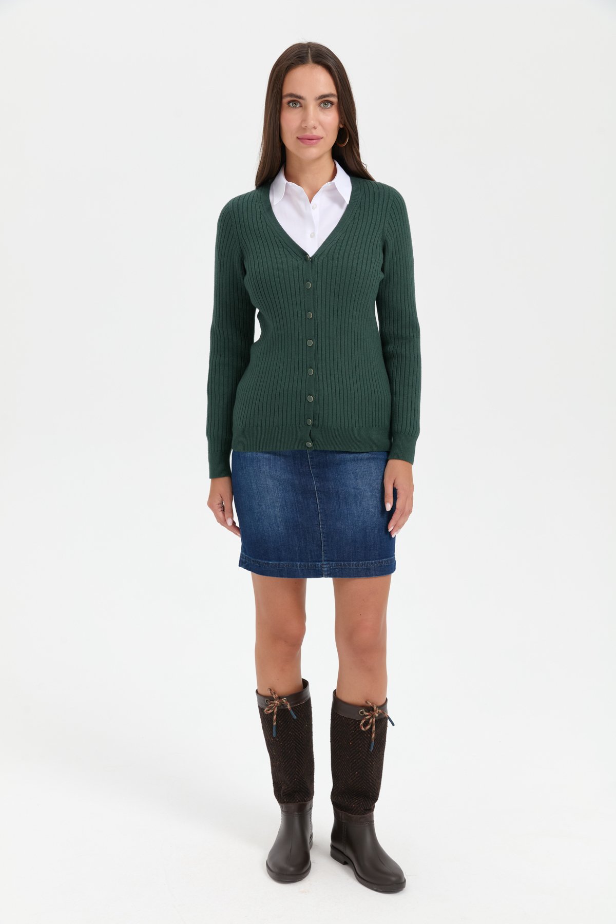 24181Kadın V Yaka Dikişsiz Hırka Yeşil