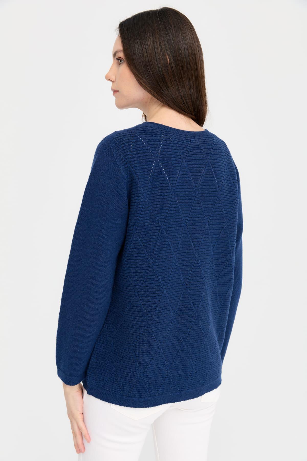 24203Kadın V Yaka Önü Baklavalı Düğmeli Yün Hırka İndigo