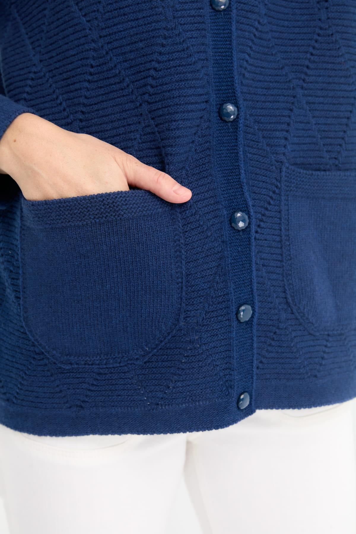 24203Kadın V Yaka Önü Baklavalı Düğmeli Yün Hırka İndigo