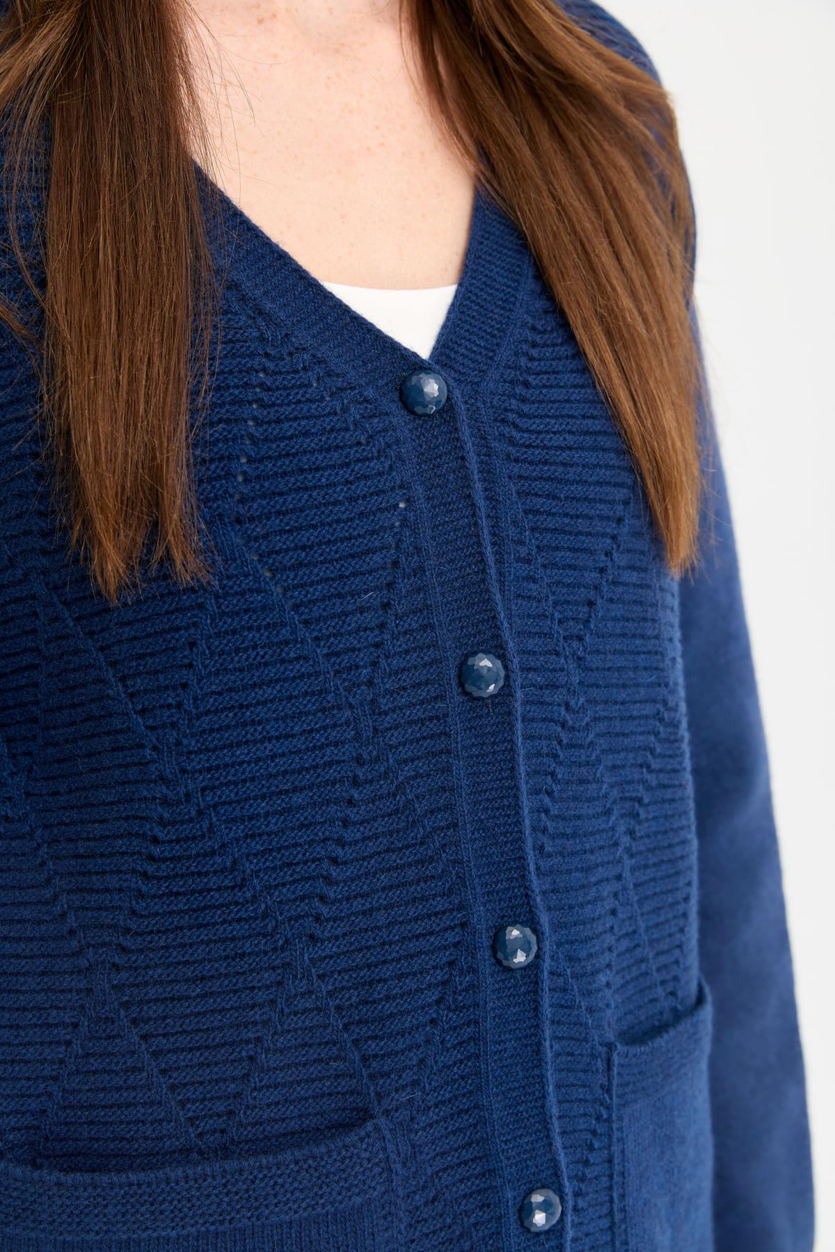 24203Kadın V Yaka Önü Baklavalı Düğmeli Yün Hırka İndigo