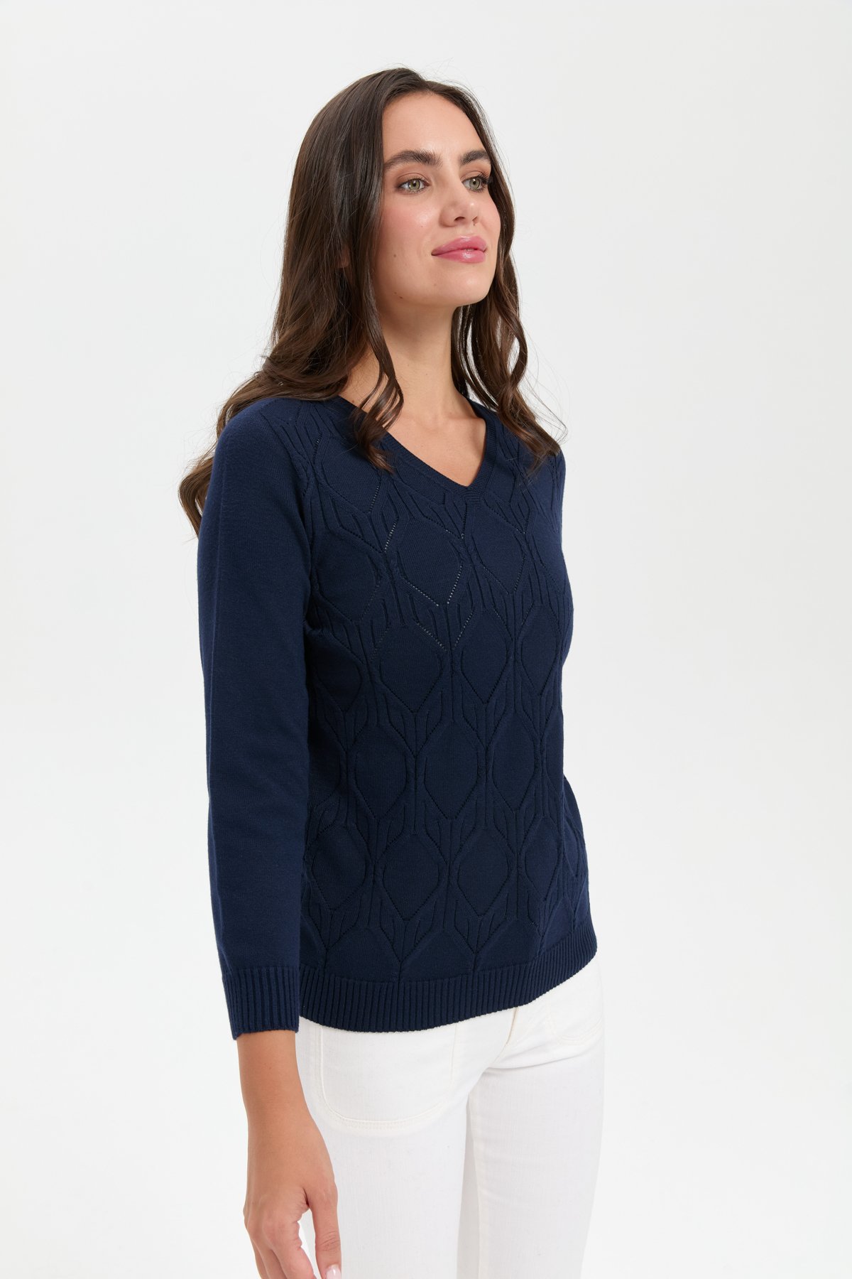 24187Kadın V Yaka Dikişsiz Önü Yürütmeli Kazak K.Lacivert