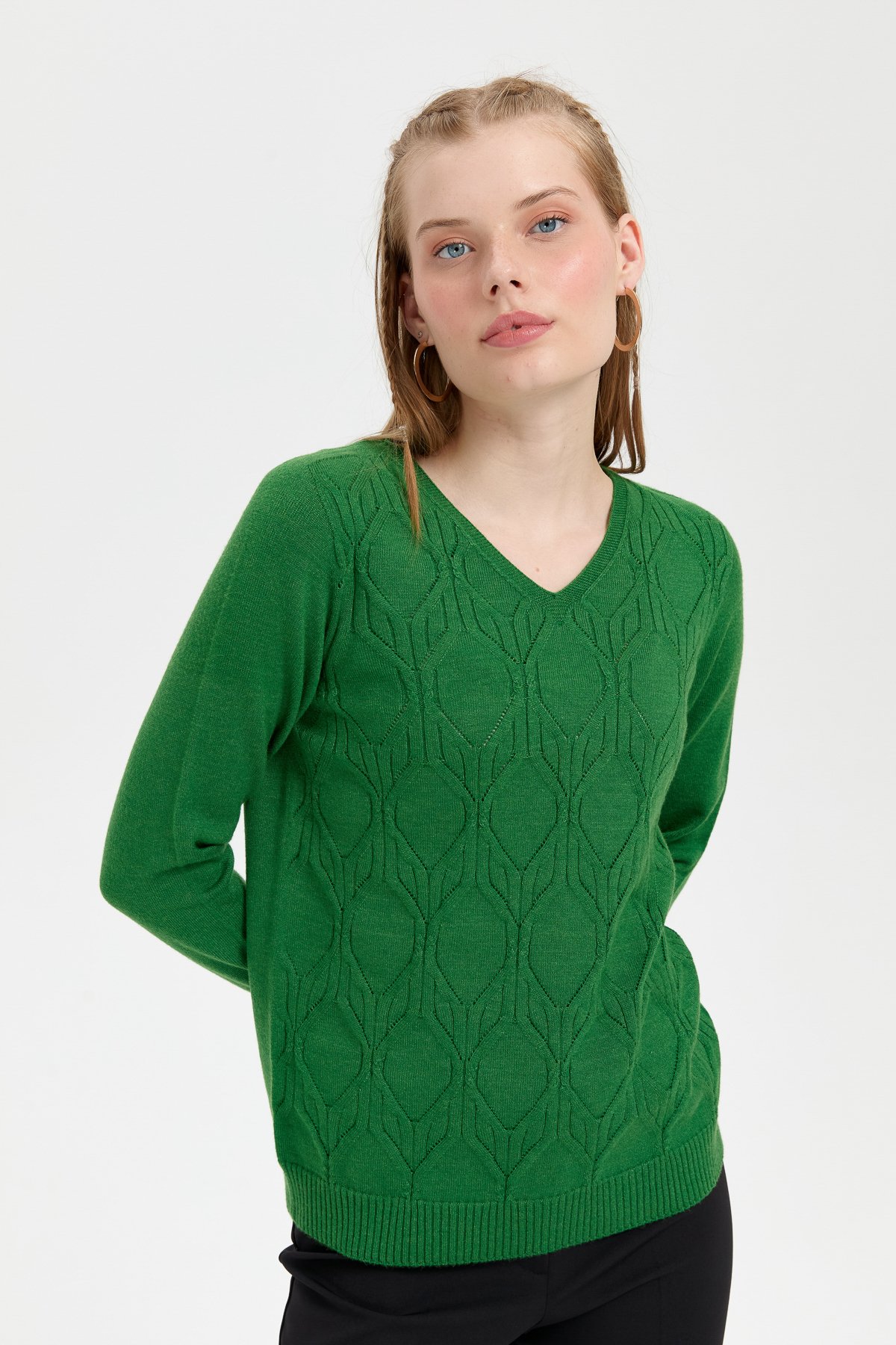 24187Kadın V Yaka Dikişsiz Önü Yürütmeli Kazak K.Yosun