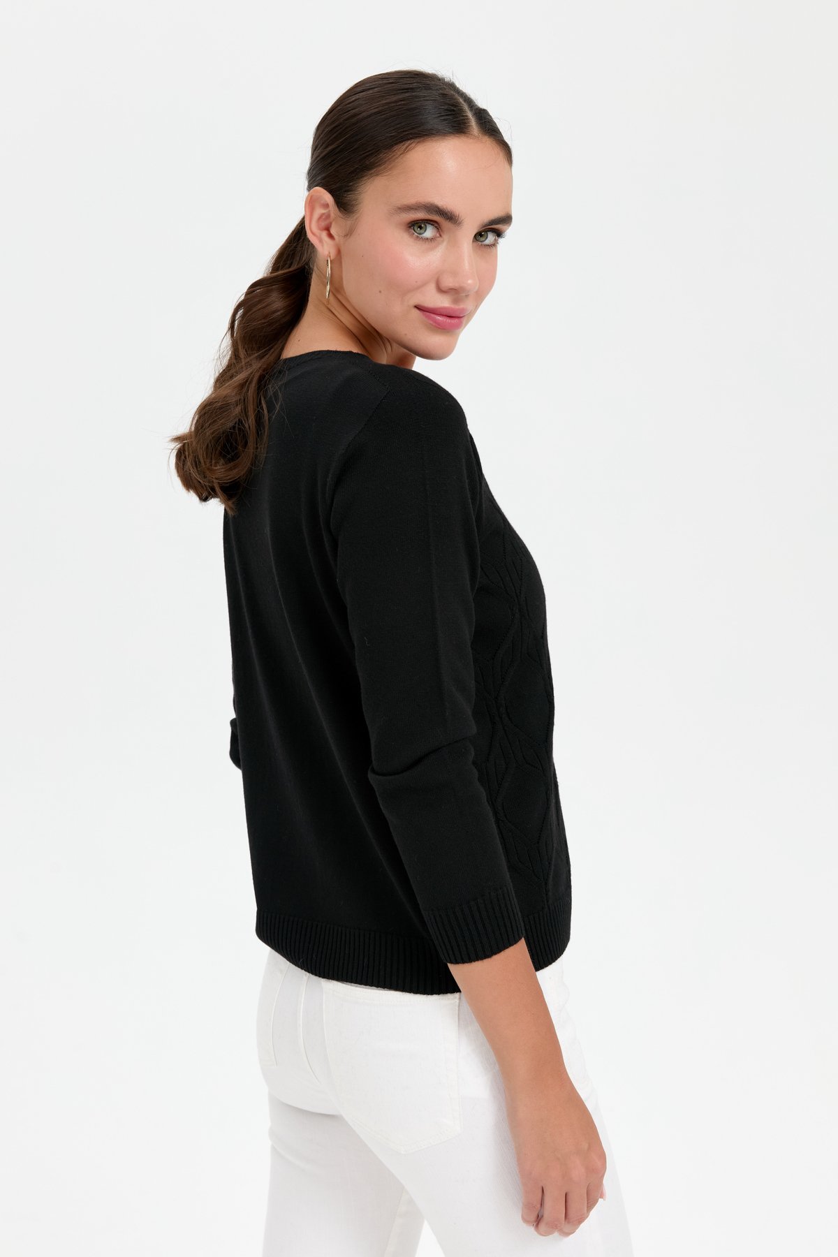 24187Kadın V Yaka Dikişsiz Önü Yürütmeli Kazak Siyah