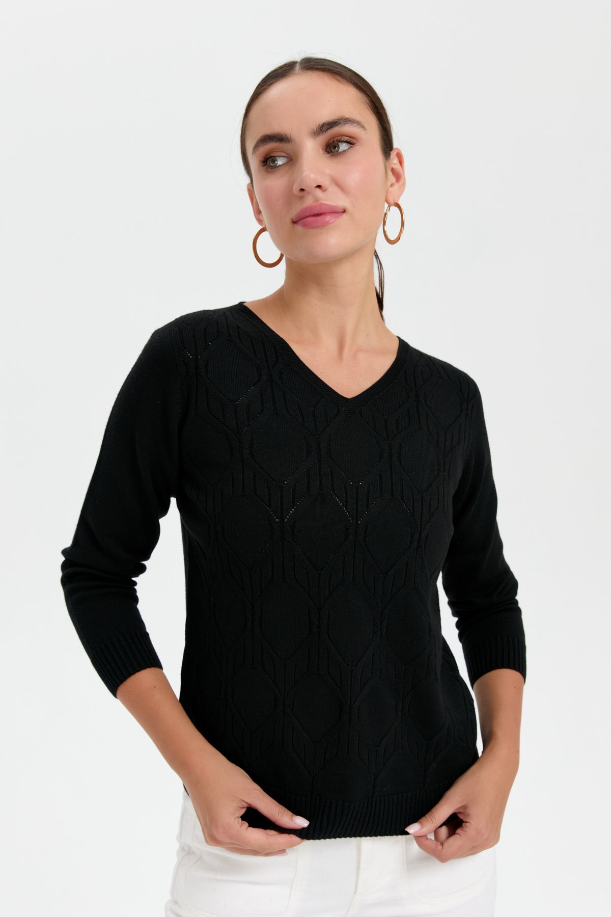 24187Kadın V Yaka Dikişsiz Önü Yürütmeli Kazak Siyah