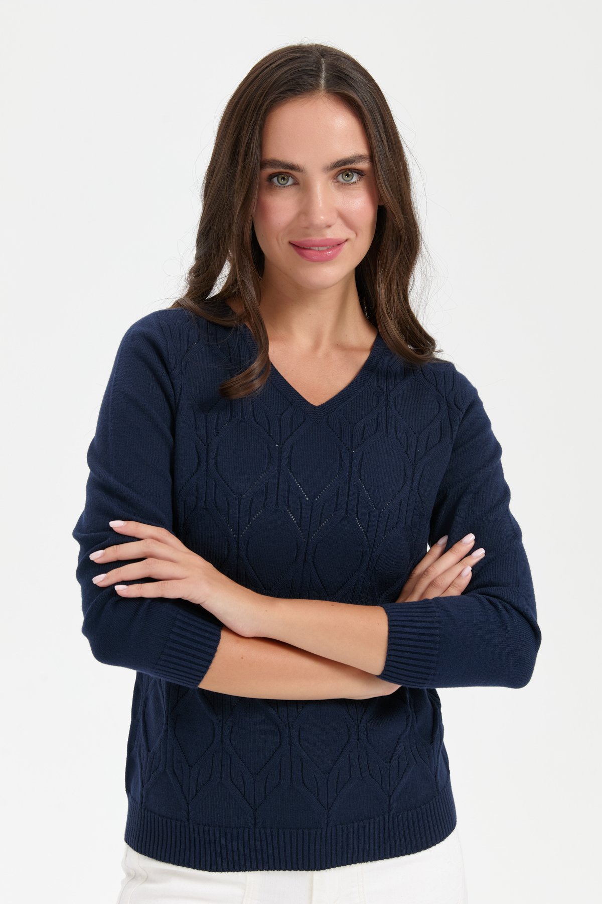 24187Kadın V Yaka Dikişsiz Önü Yürütmeli Kazak K.Lacivert