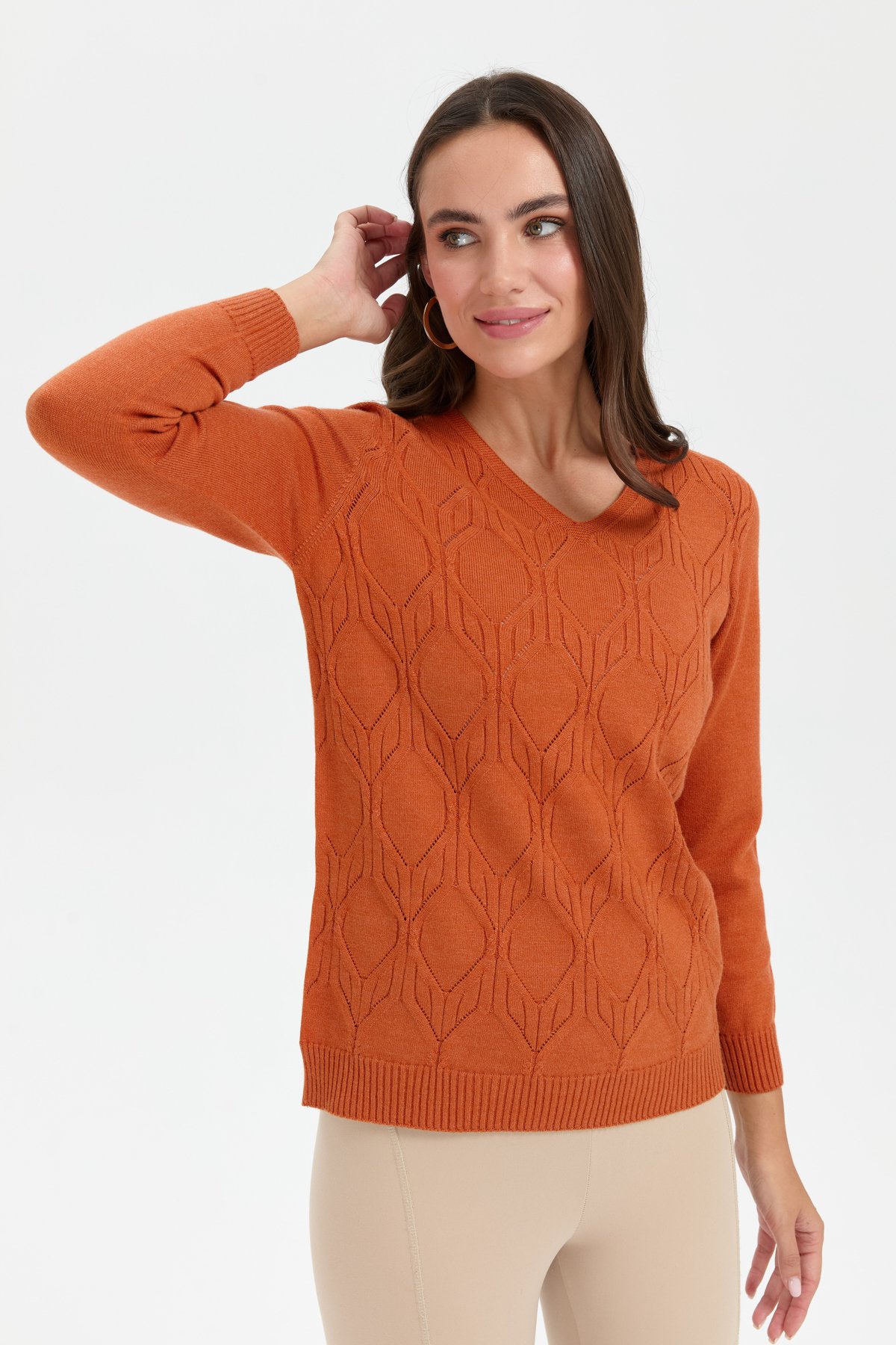 24187Kadın V Yaka Dikişsiz Önü Yürütmeli Kazak Turuncu