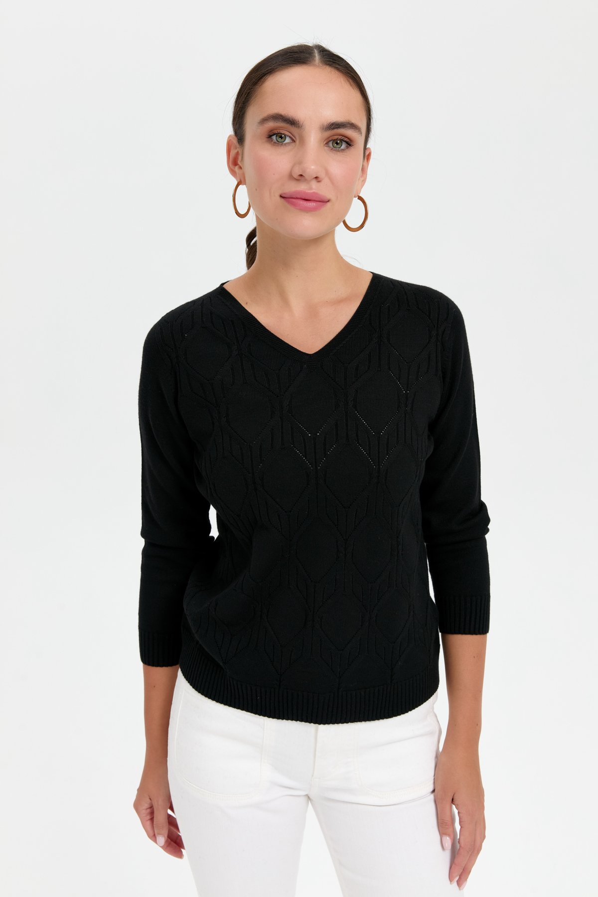 24187Kadın V Yaka Dikişsiz Önü Yürütmeli Kazak Siyah