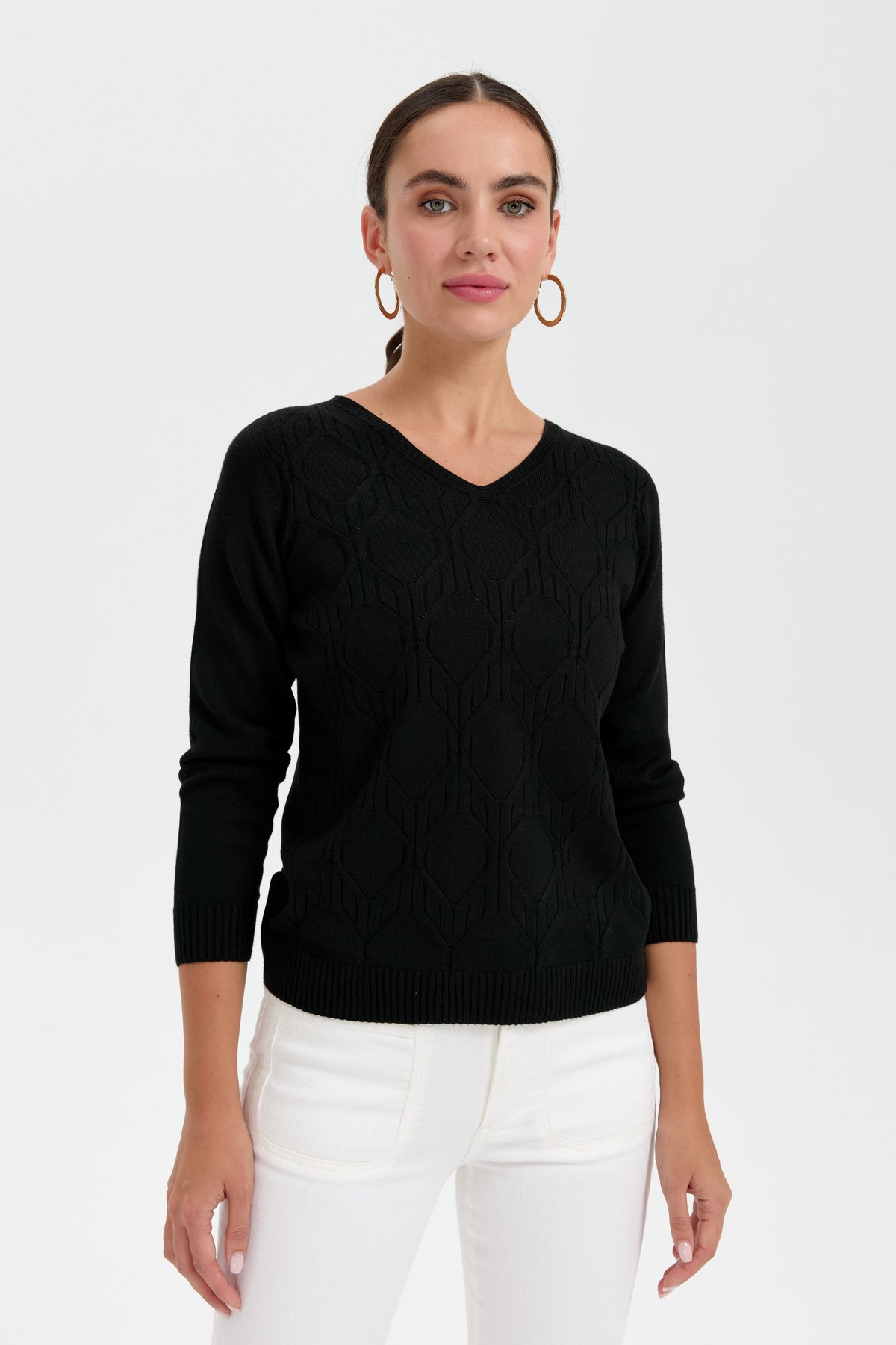 24187Kadın V Yaka Dikişsiz Önü Yürütmeli Kazak Siyah