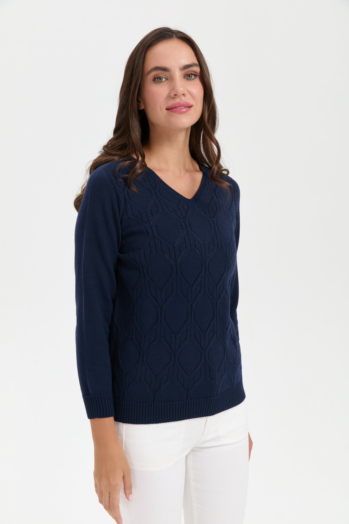 24187Kadın V Yaka Dikişsiz Önü Yürütmeli Kazak K.Lacivert