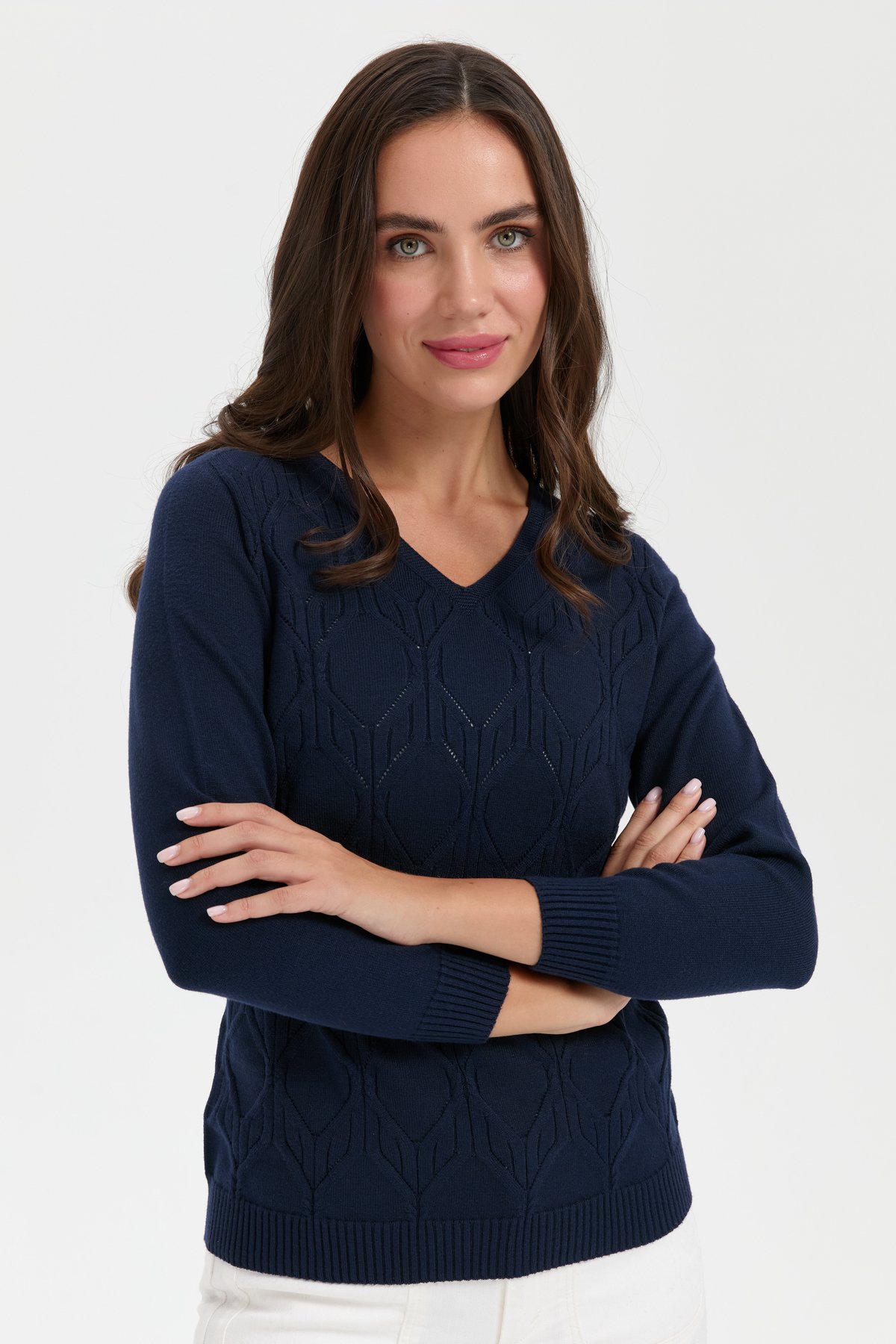 24187Kadın V Yaka Dikişsiz Önü Yürütmeli Kazak K.Lacivert