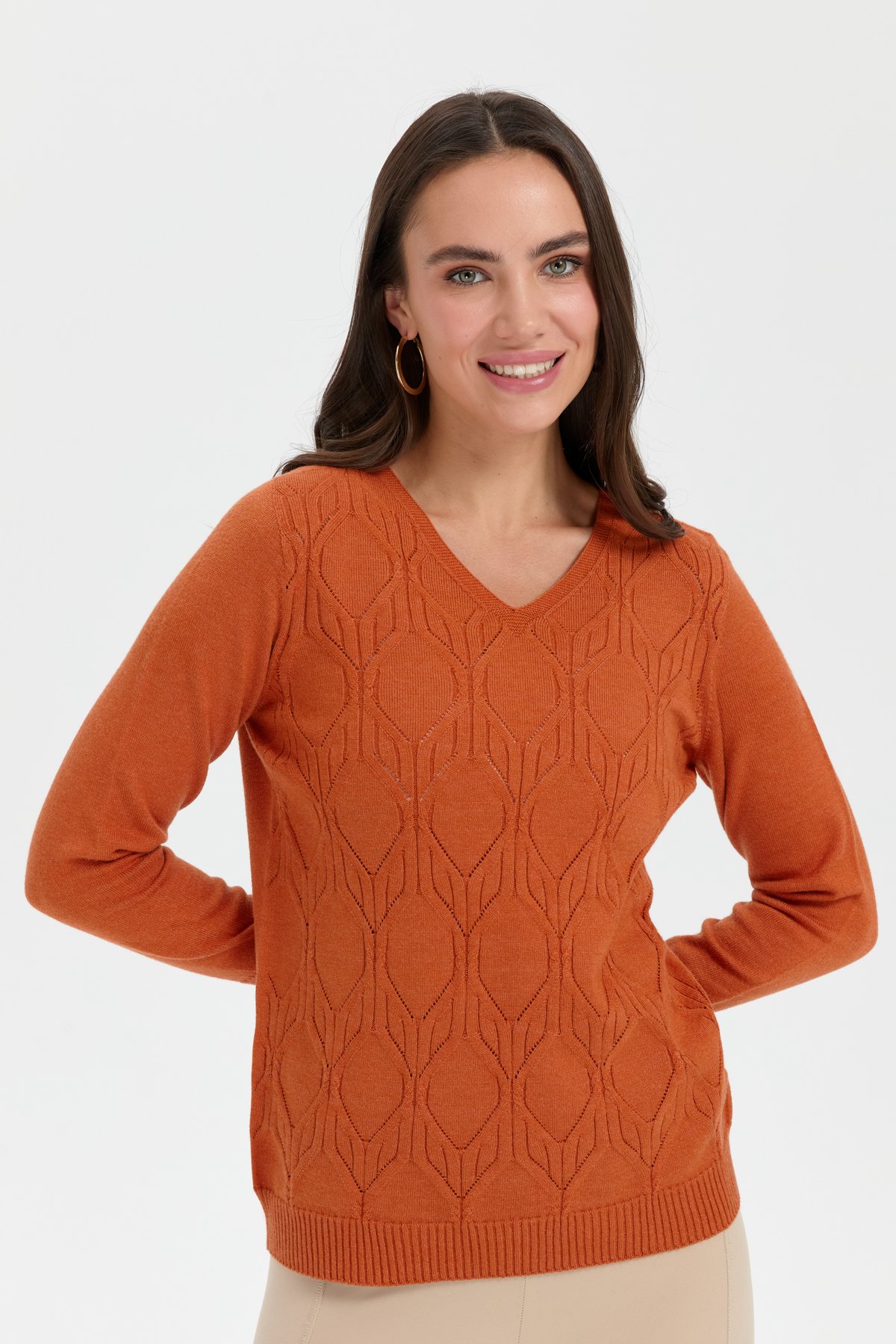 24187Kadın V Yaka Dikişsiz Önü Yürütmeli Kazak Turuncu