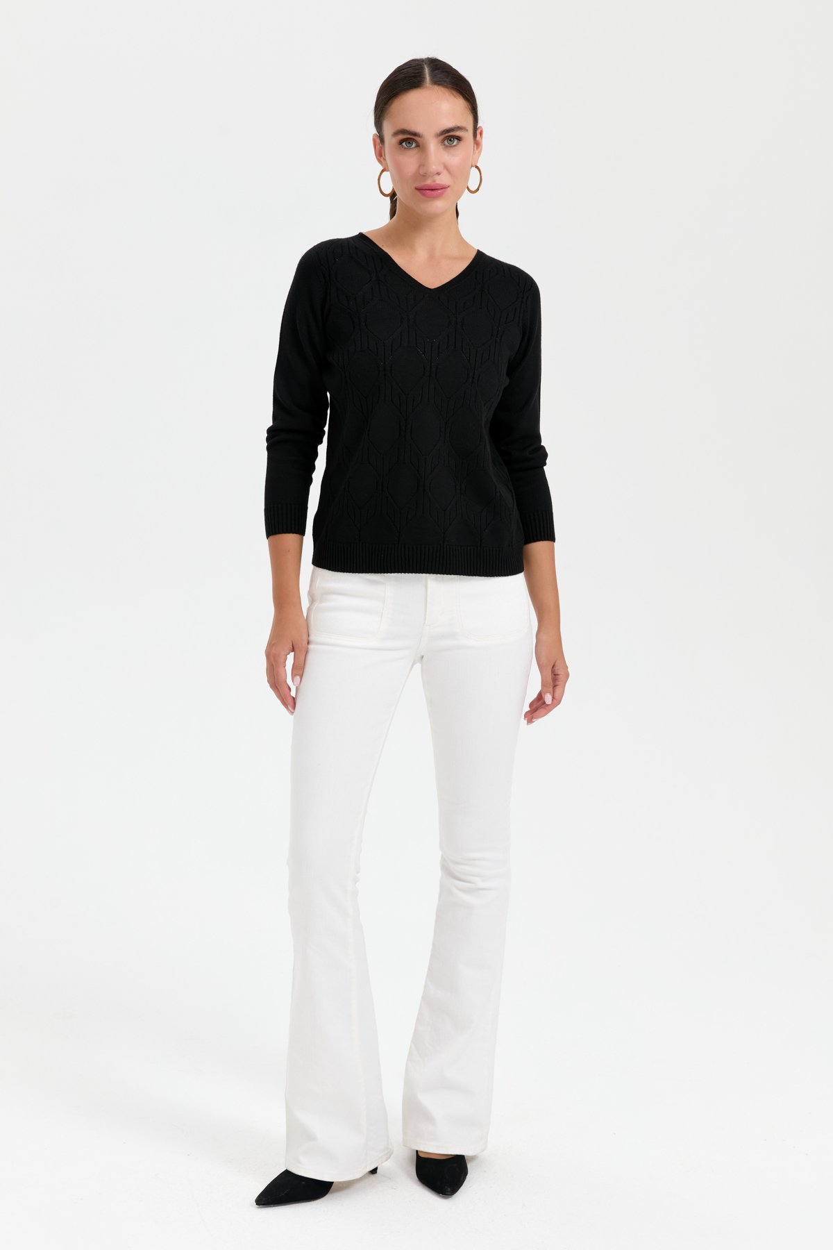 24187Kadın V Yaka Dikişsiz Önü Yürütmeli Kazak Siyah