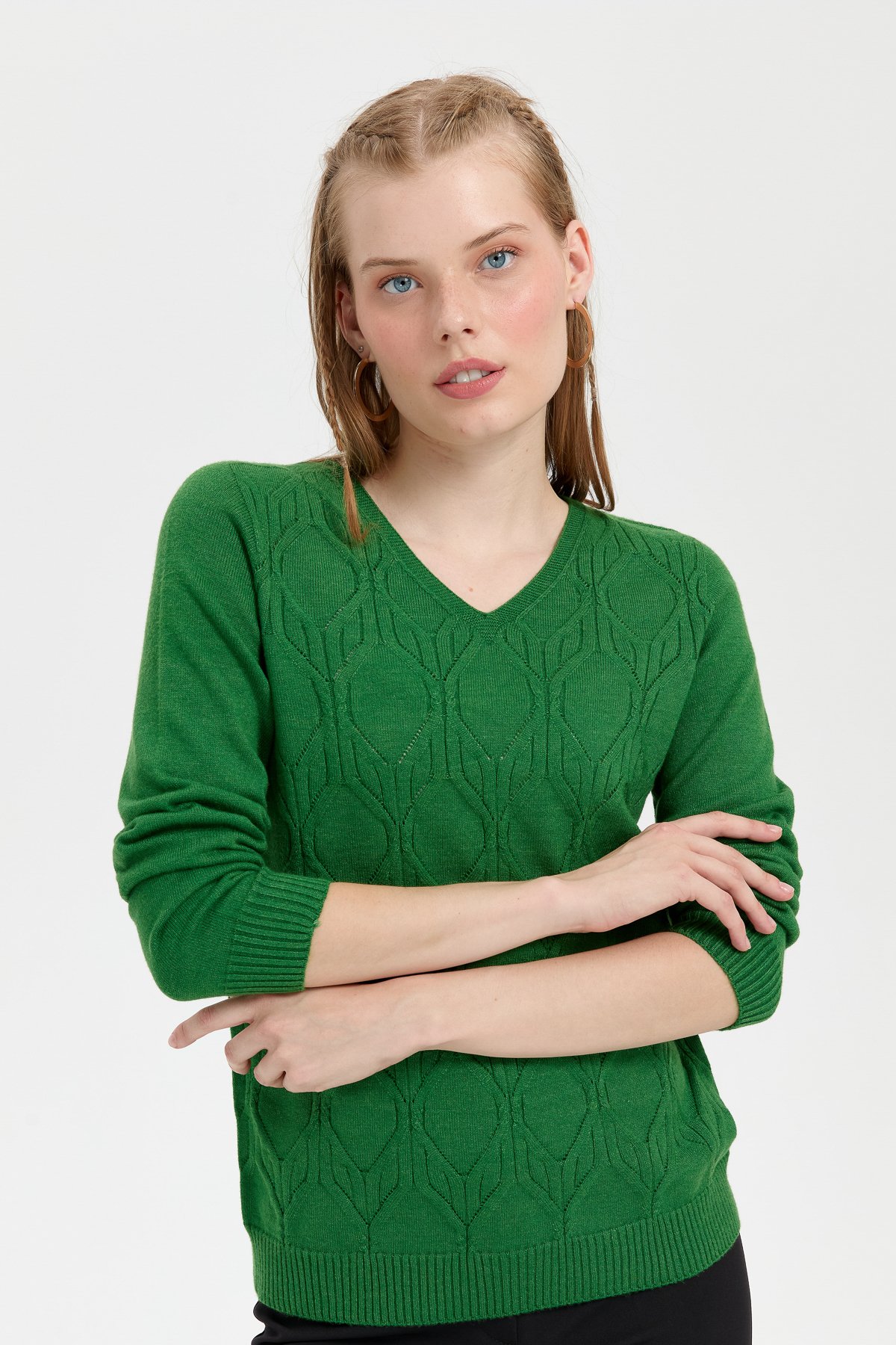 24187Kadın V Yaka Dikişsiz Önü Yürütmeli Kazak K.Yosun