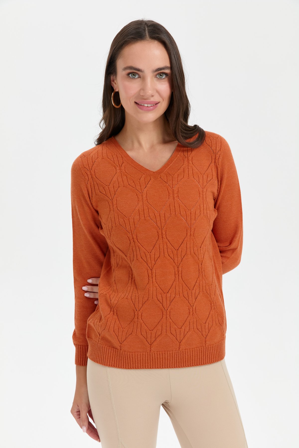 24187Kadın V Yaka Dikişsiz Önü Yürütmeli Kazak Turuncu