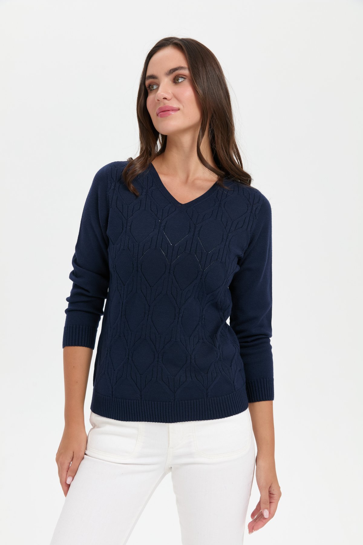 24187Kadın V Yaka Dikişsiz Önü Yürütmeli Kazak K.Lacivert