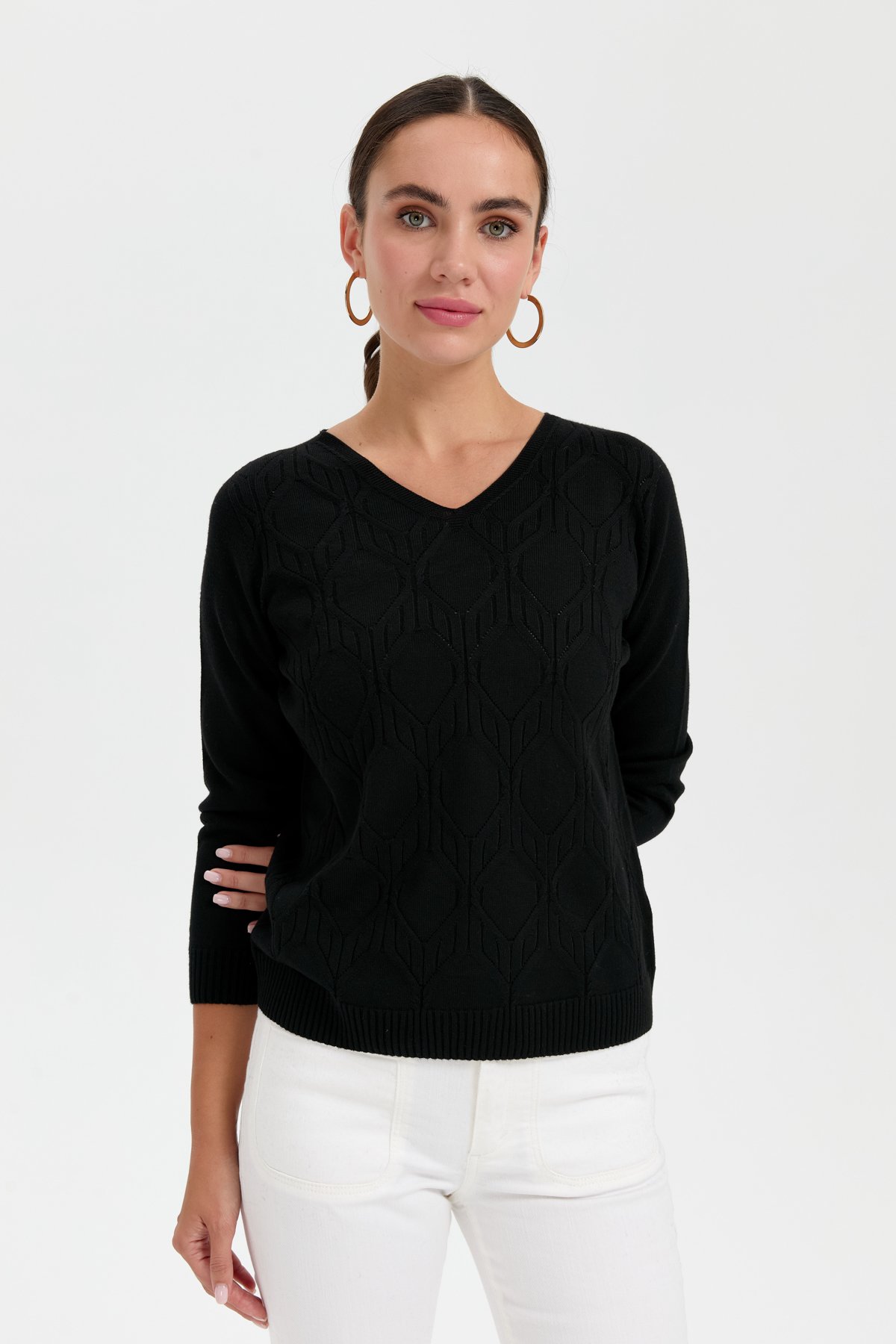 24187Kadın V Yaka Dikişsiz Önü Yürütmeli Kazak Siyah