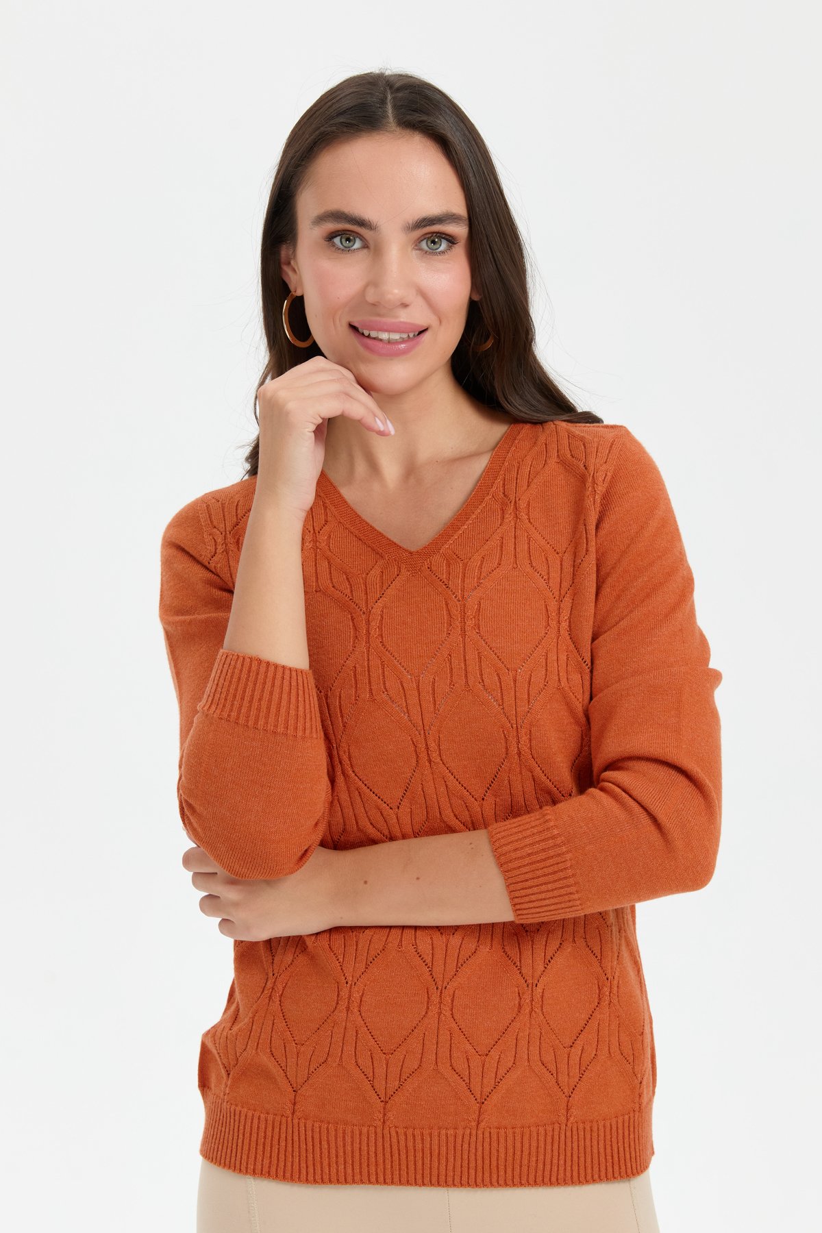 24187Kadın V Yaka Dikişsiz Önü Yürütmeli Kazak Turuncu