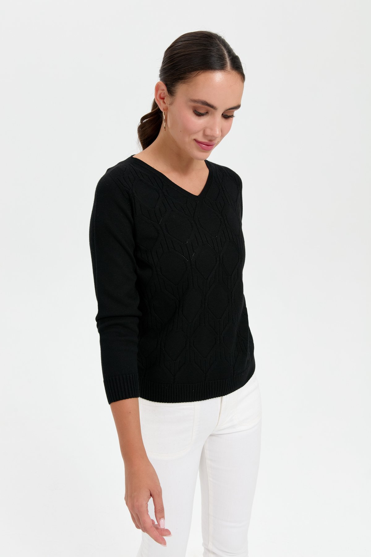 24187Kadın V Yaka Dikişsiz Önü Yürütmeli Kazak Siyah