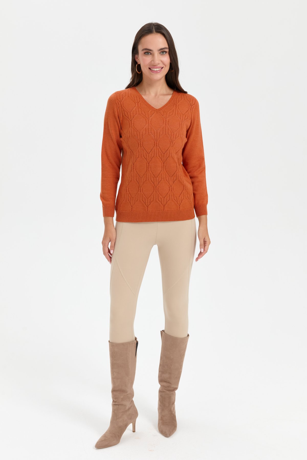 24187Kadın V Yaka Dikişsiz Önü Yürütmeli Kazak Turuncu