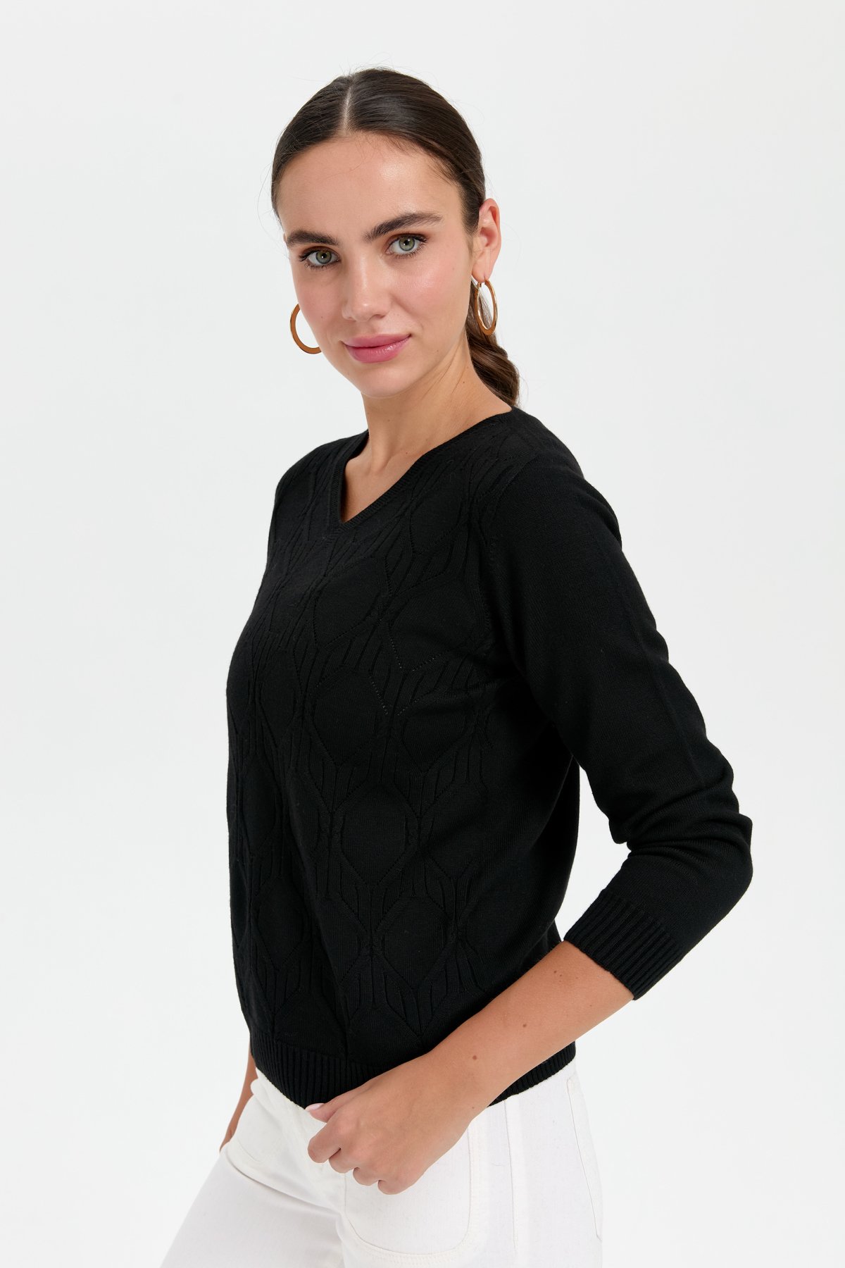 24187Kadın V Yaka Dikişsiz Önü Yürütmeli Kazak Siyah