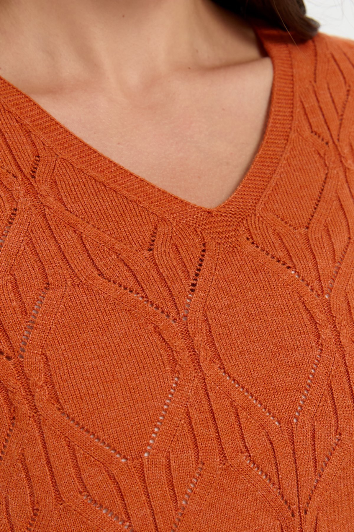 24187Kadın V Yaka Dikişsiz Önü Yürütmeli Kazak Turuncu