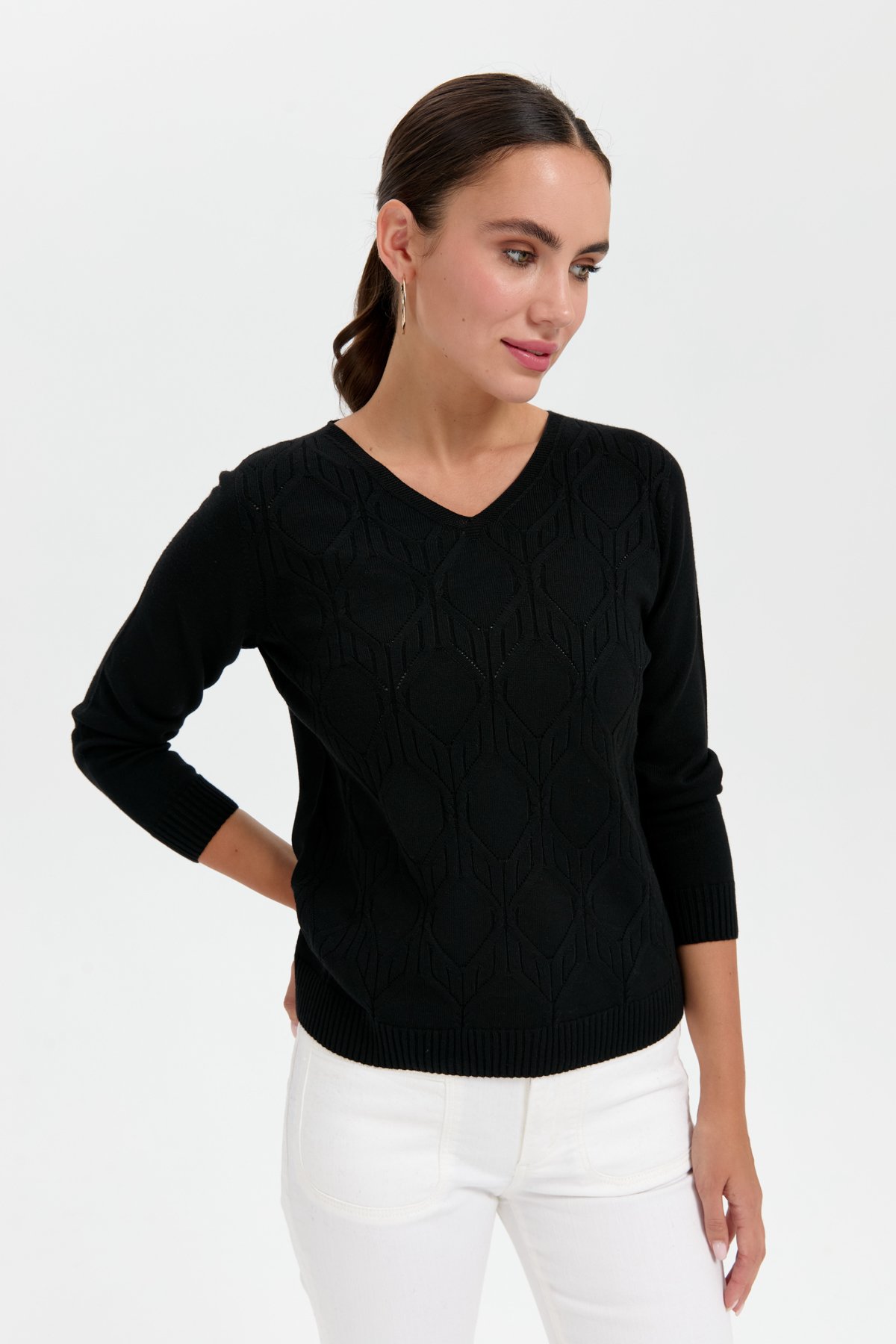 24187Kadın V Yaka Dikişsiz Önü Yürütmeli Kazak Siyah