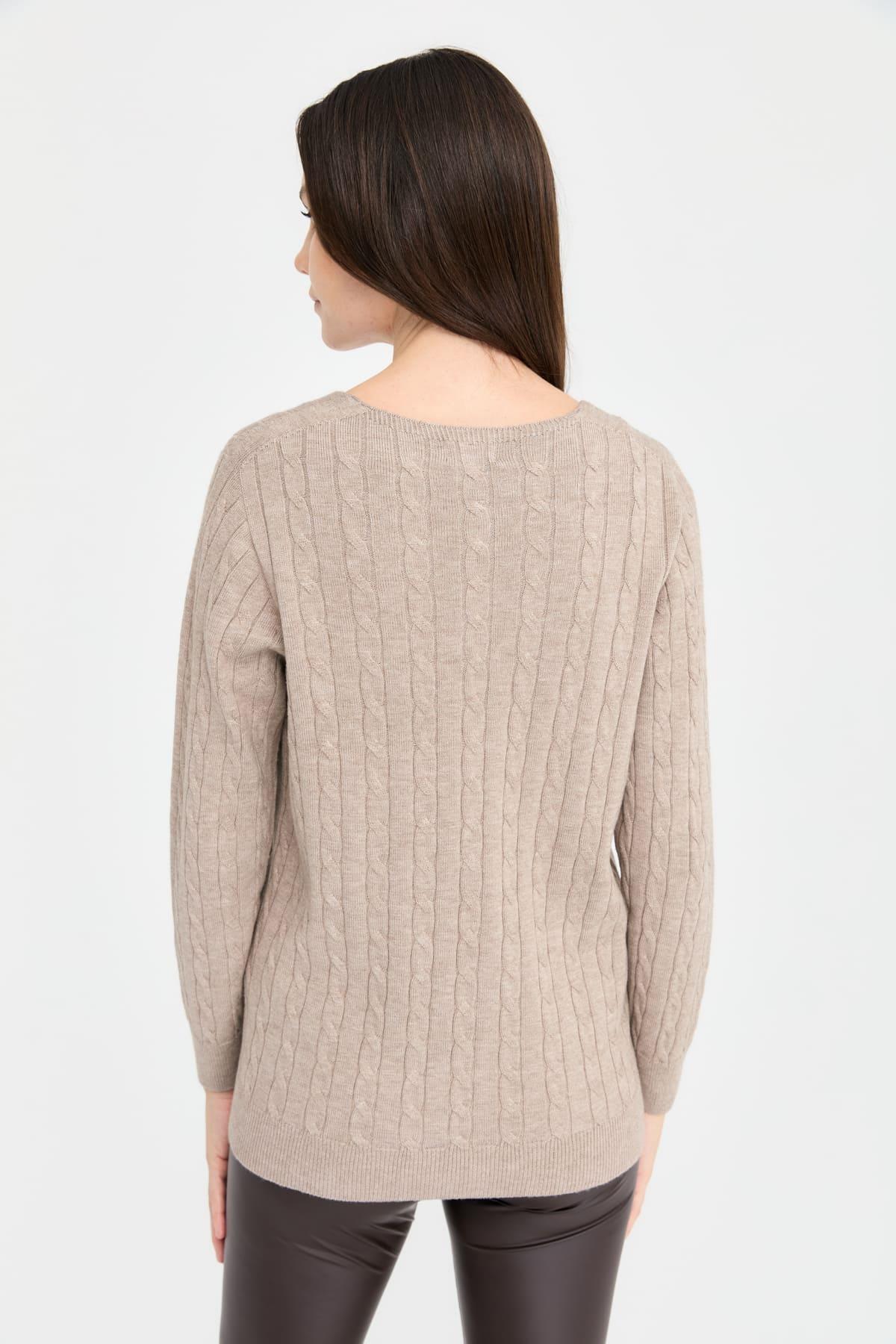 24327Kadın V Yaka Dikişsiz Saç Örgülü Hırka Vizon