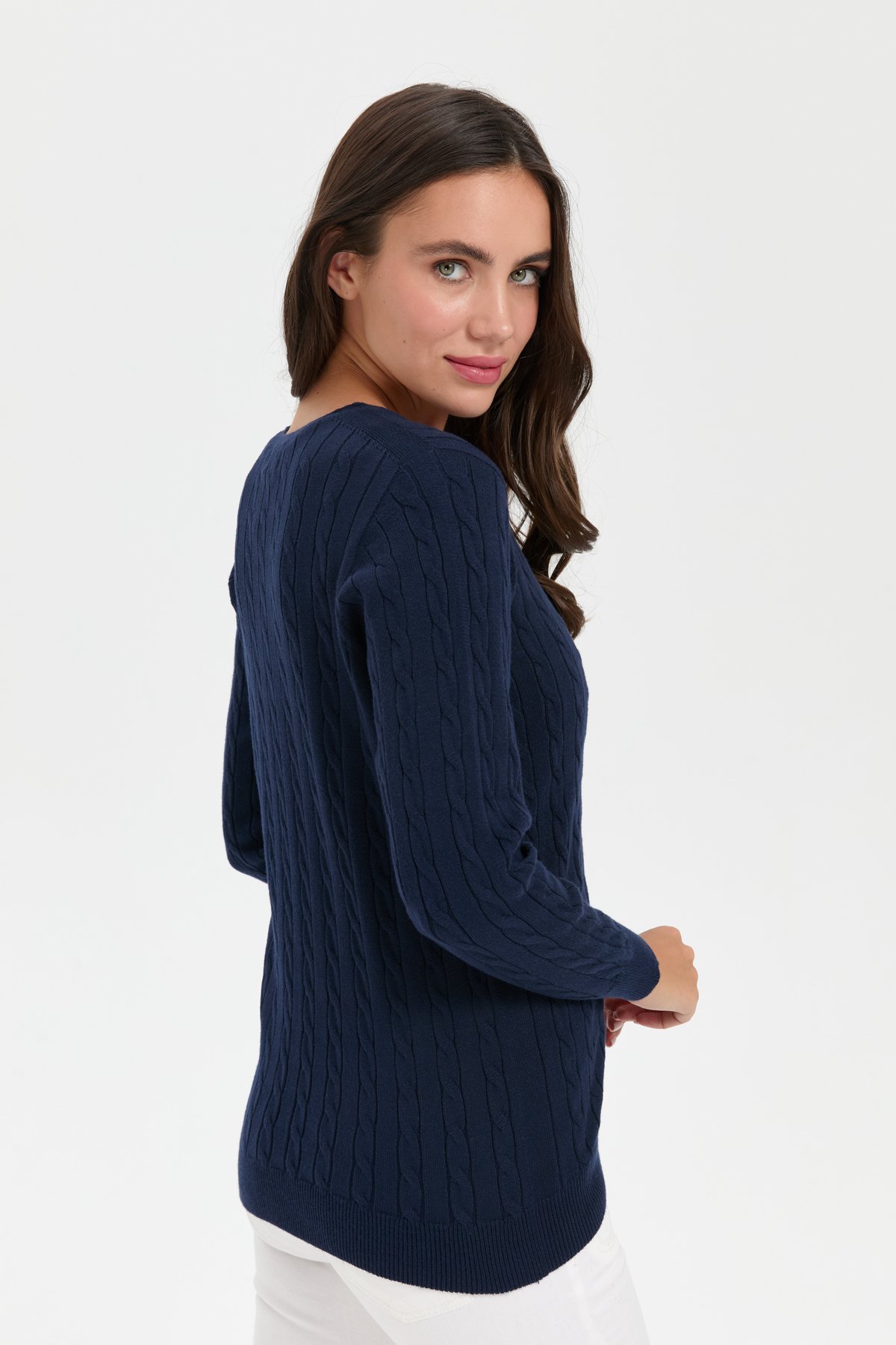 24327Kadın V Yaka Dikişsiz Saç Örgülü Hırka K.Lacivert