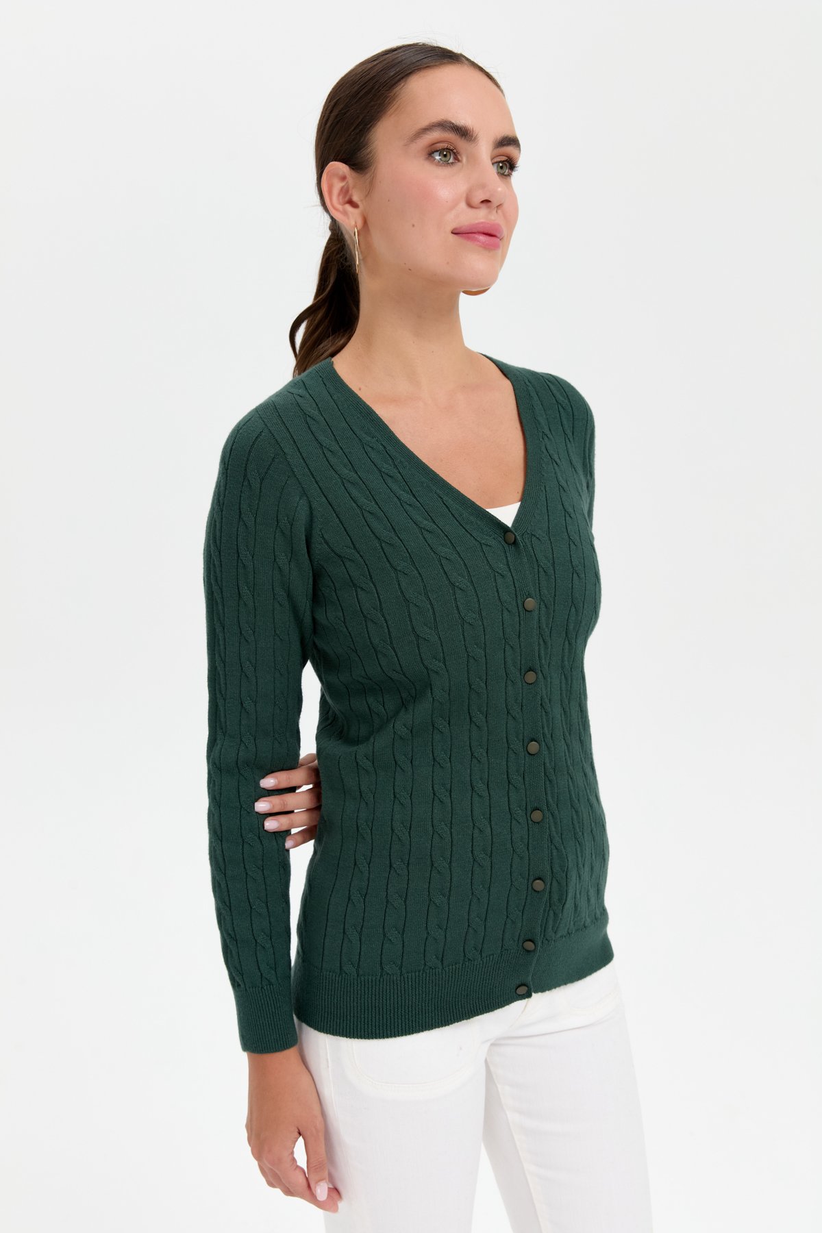 24327Kadın V Yaka Dikişsiz Saç Örgülü Hırka Yeşil