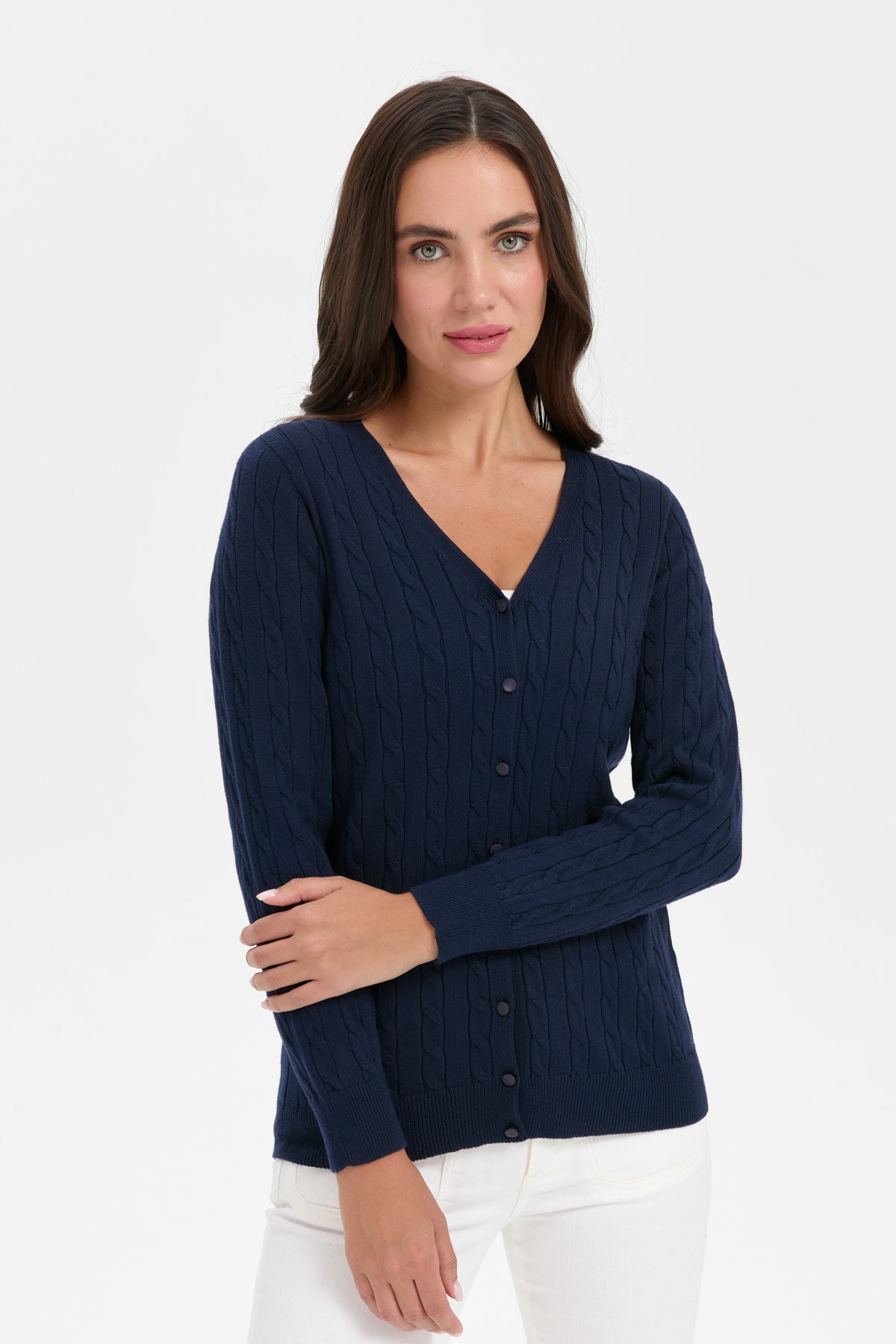 24327Kadın V Yaka Dikişsiz Saç Örgülü Hırka K.Lacivert