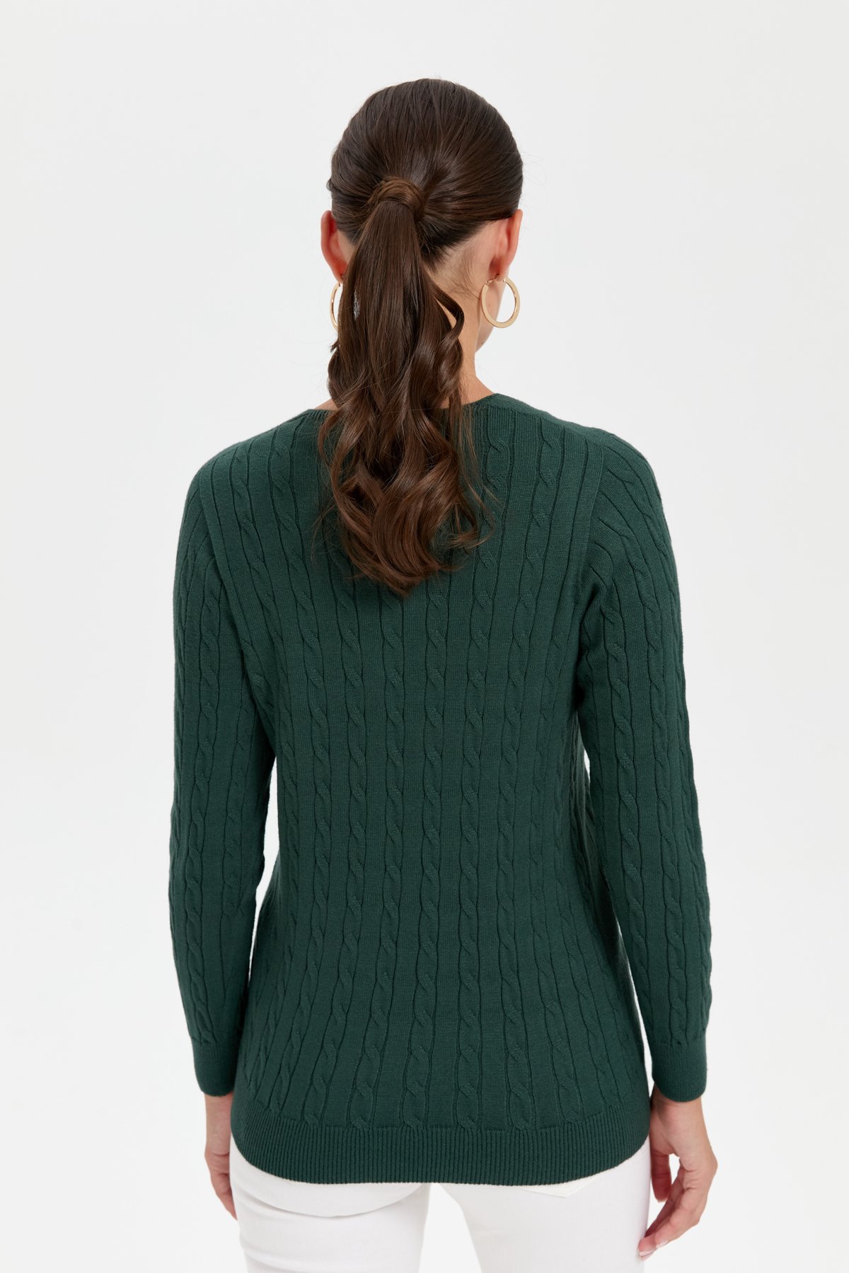 24327Kadın V Yaka Dikişsiz Saç Örgülü Hırka Yeşil