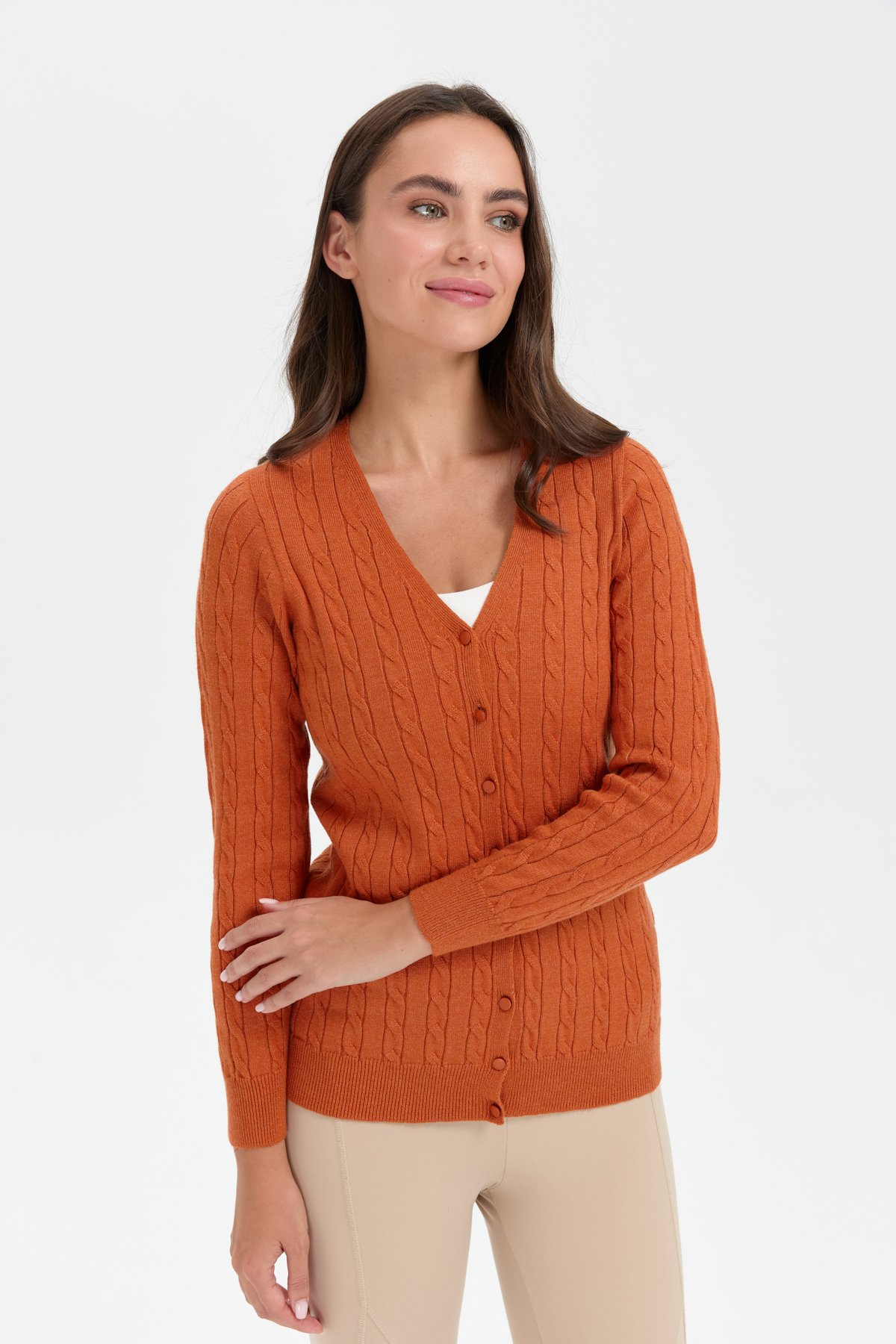 24327Kadın V Yaka Dikişsiz Saç Örgülü Hırka Turuncu